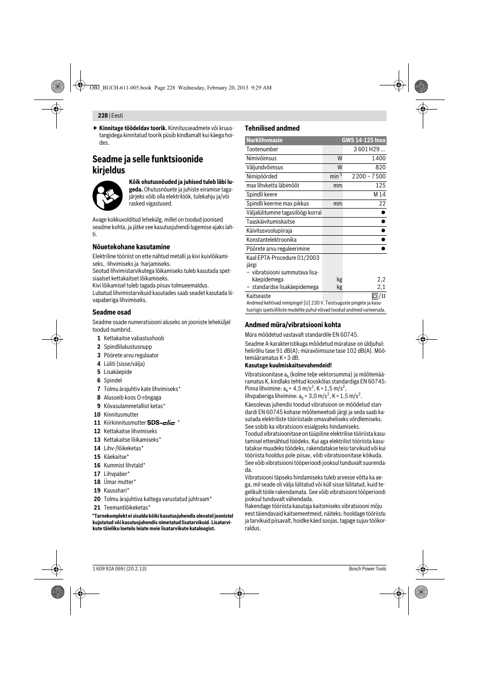 Seadme ja selle funktsioonide kirjeldus | Bosch GWS 14-125 Inox Professional User Manual | Page 227 / 270