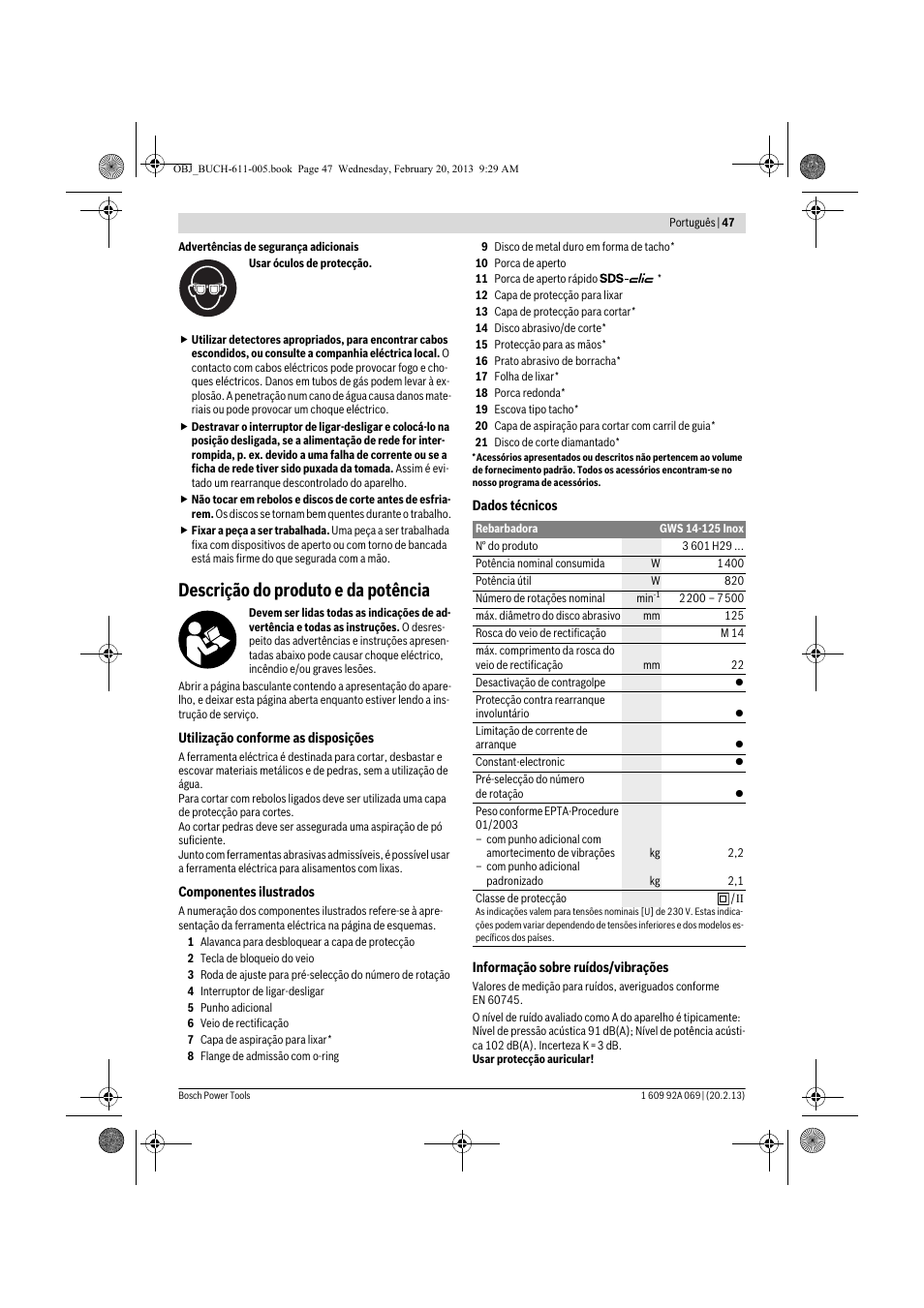 Descrição do produto e da potência | Bosch GWS 14-125 Inox Professional User Manual | Page 46 / 270