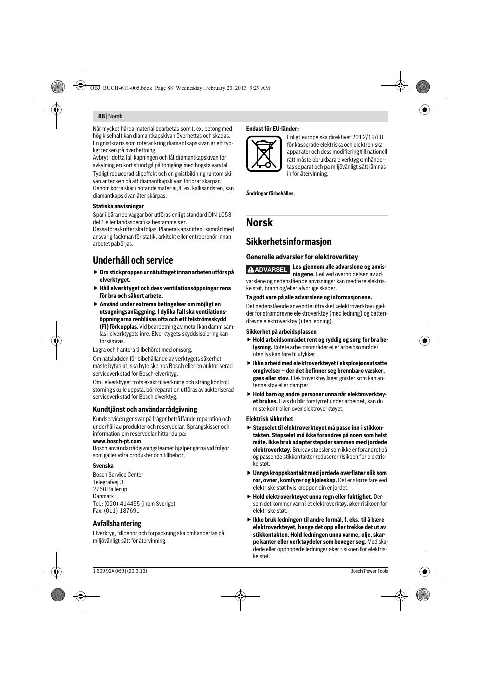 Norsk, Underhåll och service, Sikkerhetsinformasjon | Bosch GWS 14-125 Inox Professional User Manual | Page 87 / 270
