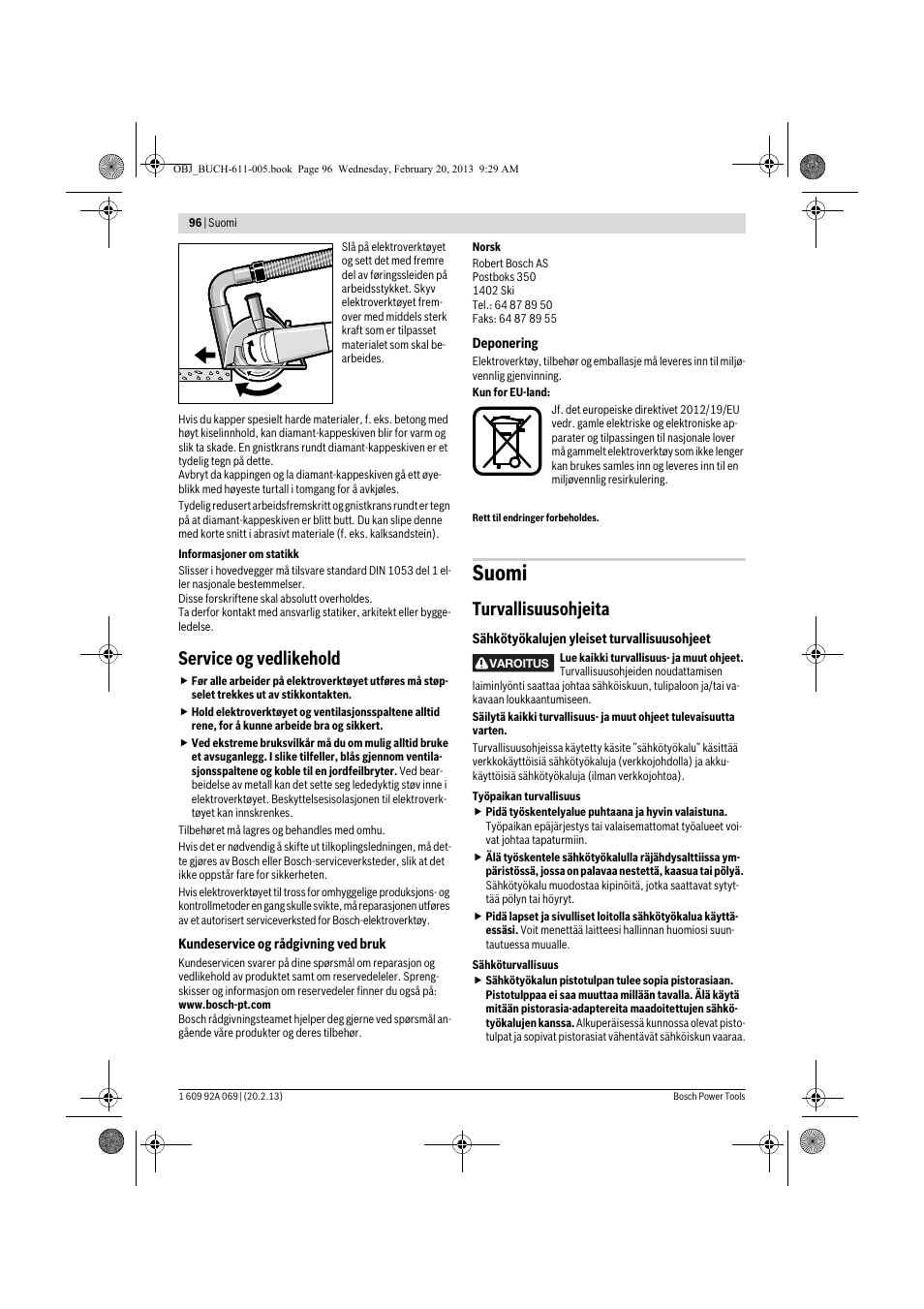 Suomi, Service og vedlikehold, Turvallisuusohjeita | Bosch GWS 14-125 Inox Professional User Manual | Page 95 / 270