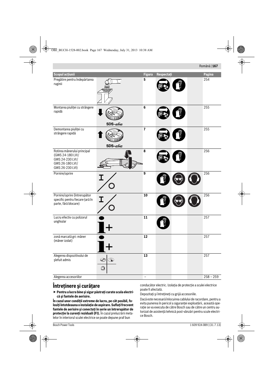 Întreţinere şi curăţare | Bosch GWS 24-230 LVI Professional User Manual | Page 167 / 259