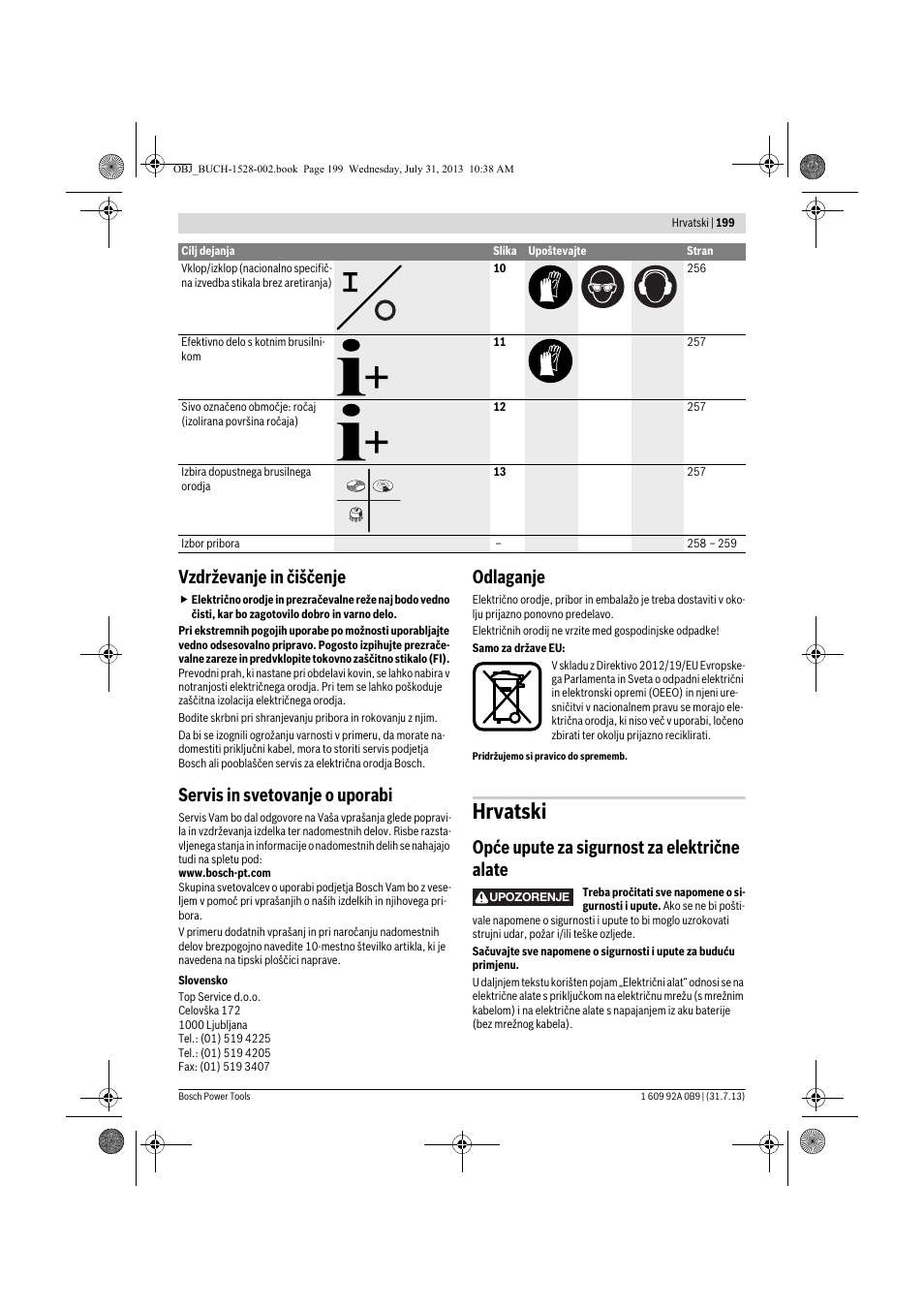 Hrvatski, Vzdrževanje in čiščenje, Servis in svetovanje o uporabi | Odlaganje, Opće upute za sigurnost za električne alate | Bosch GWS 24-230 LVI Professional User Manual | Page 199 / 259