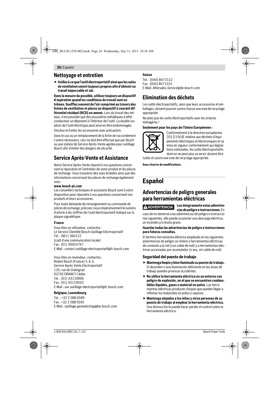 Español, Nettoyage et entretien, Service après-vente et assistance | Elimination des déchets | Bosch GWS 24-230 LVI Professional User Manual | Page 26 / 259