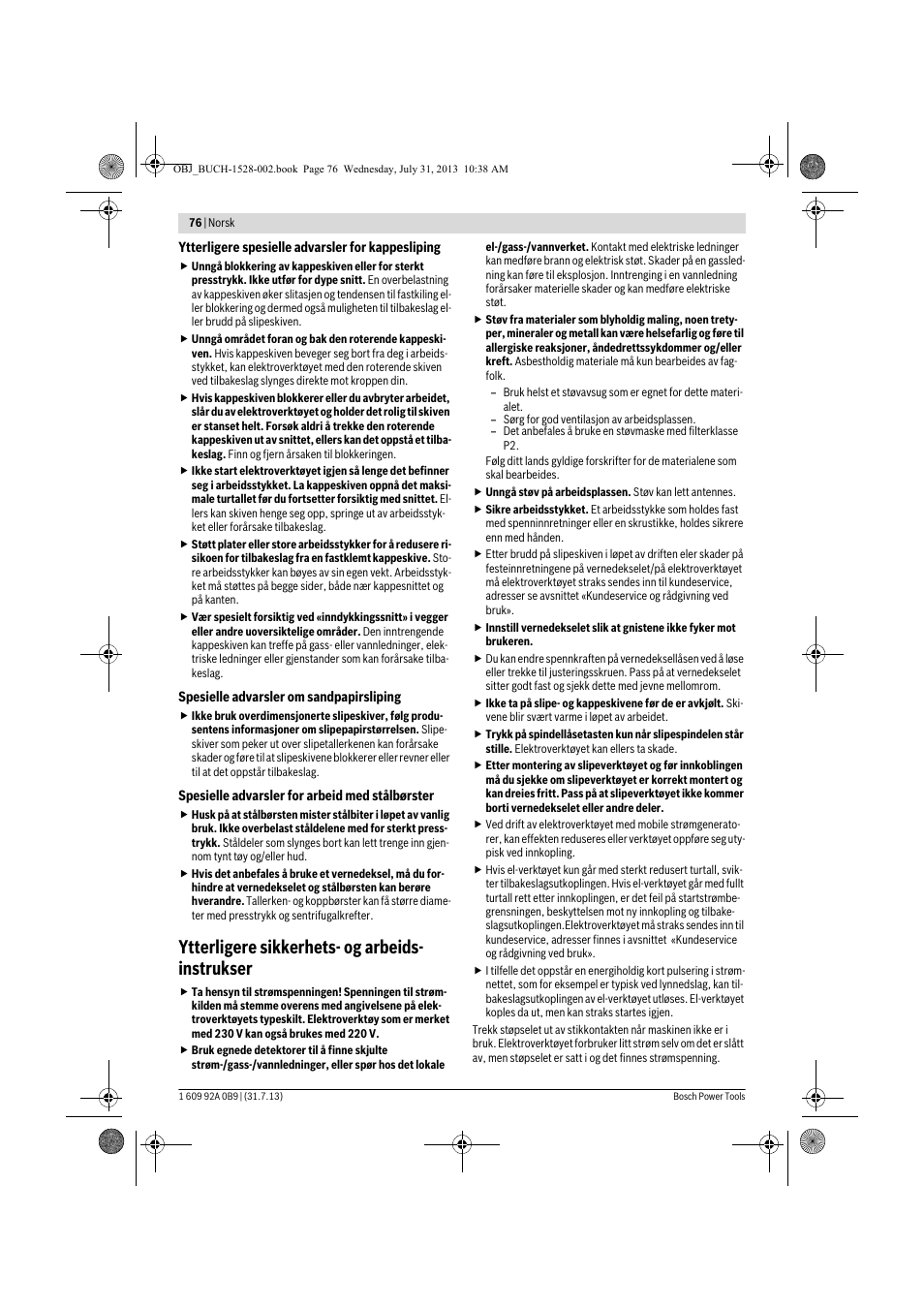 Ytterligere sikkerhets- og arbeids- instrukser | Bosch GWS 24-230 LVI Professional User Manual | Page 76 / 259