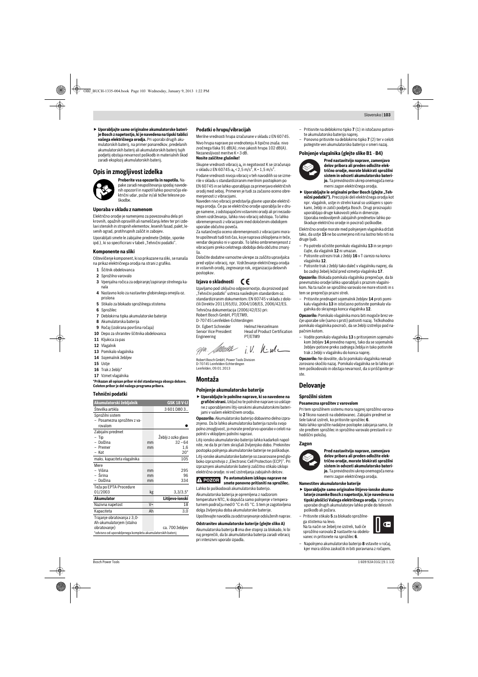 Opis in zmogljivost izdelka, Montaža, Delovanje | Bosch GSK 18 V-LI Professional User Manual | Page 103 / 130
