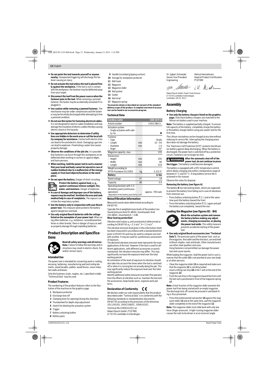 Product description and specifica- tions, Assembly | Bosch GSK 18 V-LI Professional User Manual | Page 12 / 130