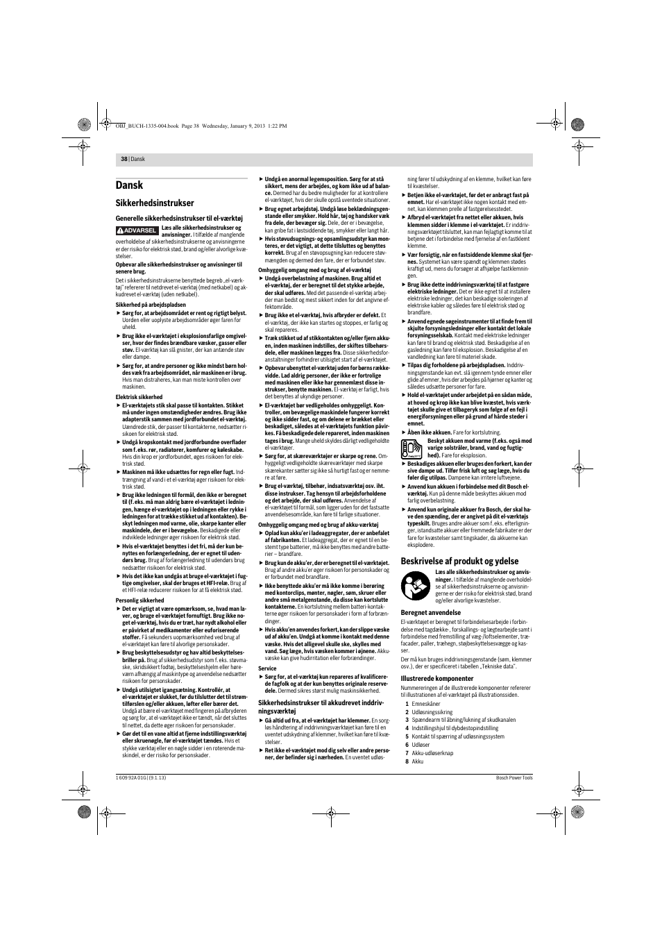 Dansk, Sikkerhedsinstrukser, Beskrivelse af produkt og ydelse | Bosch GSK 18 V-LI Professional User Manual | Page 38 / 130