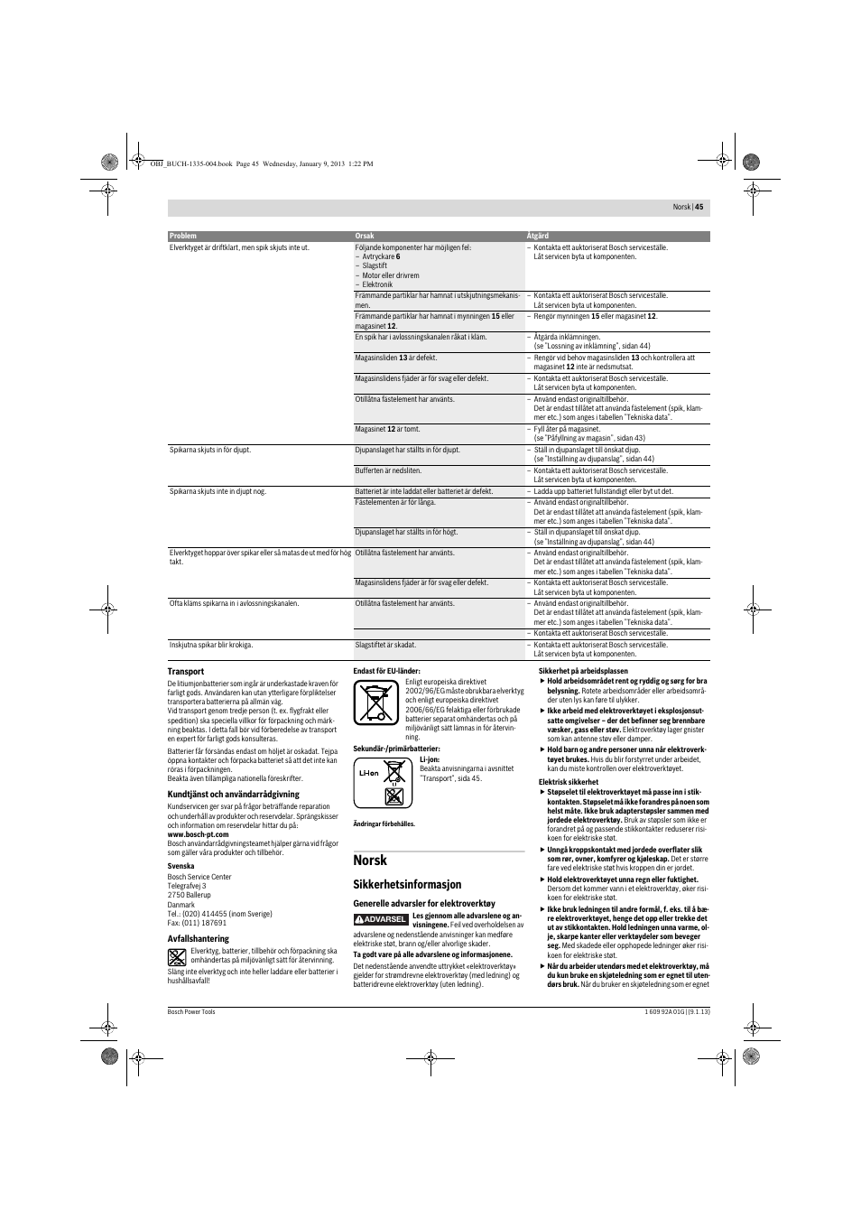 Norsk, Sikkerhetsinformasjon | Bosch GSK 18 V-LI Professional User Manual | Page 45 / 130