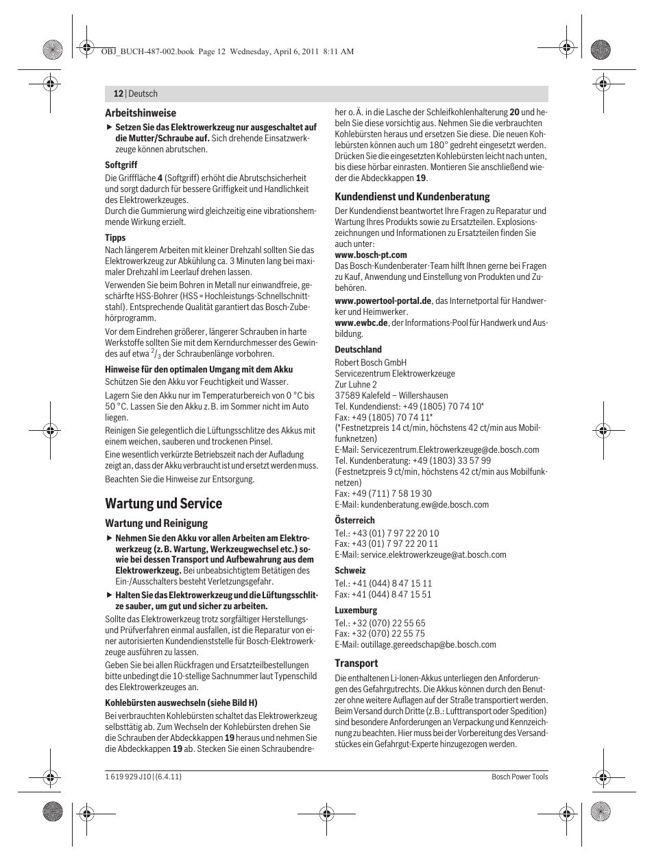 Wartung und service | Bosch GSR 36 V-LI Professional User Manual | Page 12 / 217