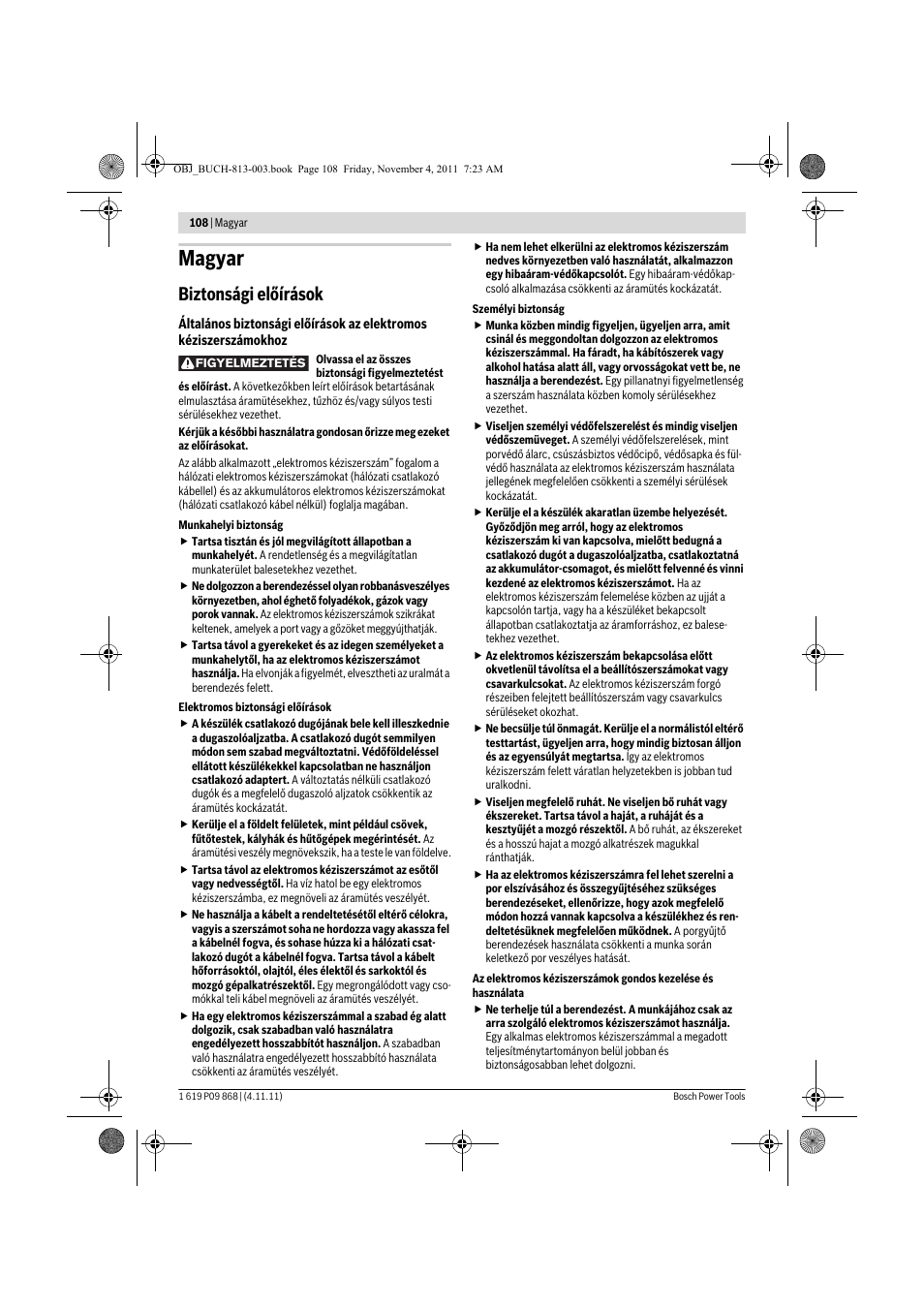 Magyar, Biztonsági előírások | Bosch GKS 190 Professional User Manual | Page 108 / 193