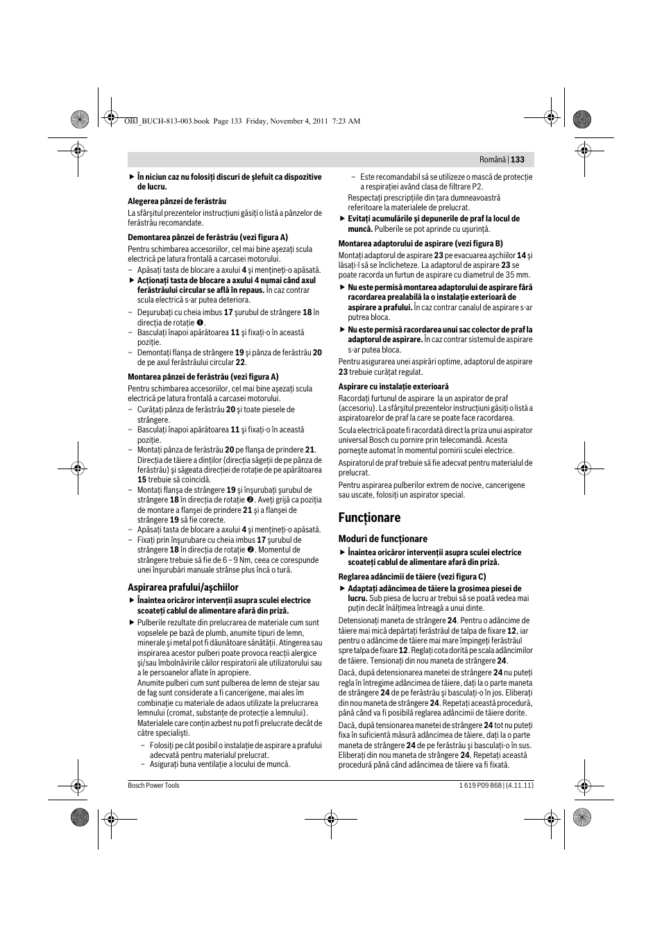 Funcţionare | Bosch GKS 190 Professional User Manual | Page 133 / 193