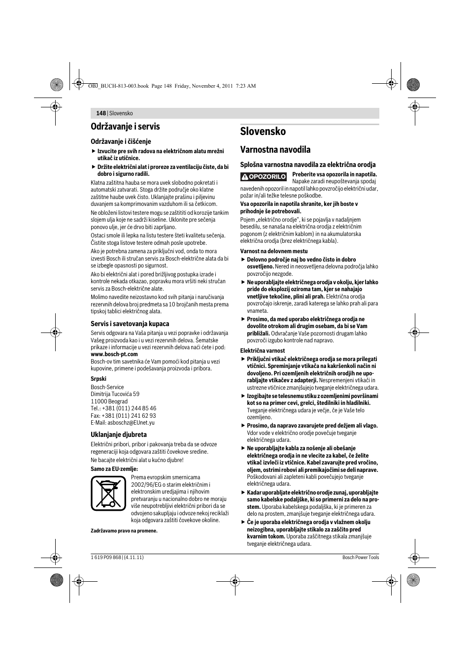 Slovensko, Održavanje i servis, Varnostna navodila | Bosch GKS 190 Professional User Manual | Page 148 / 193