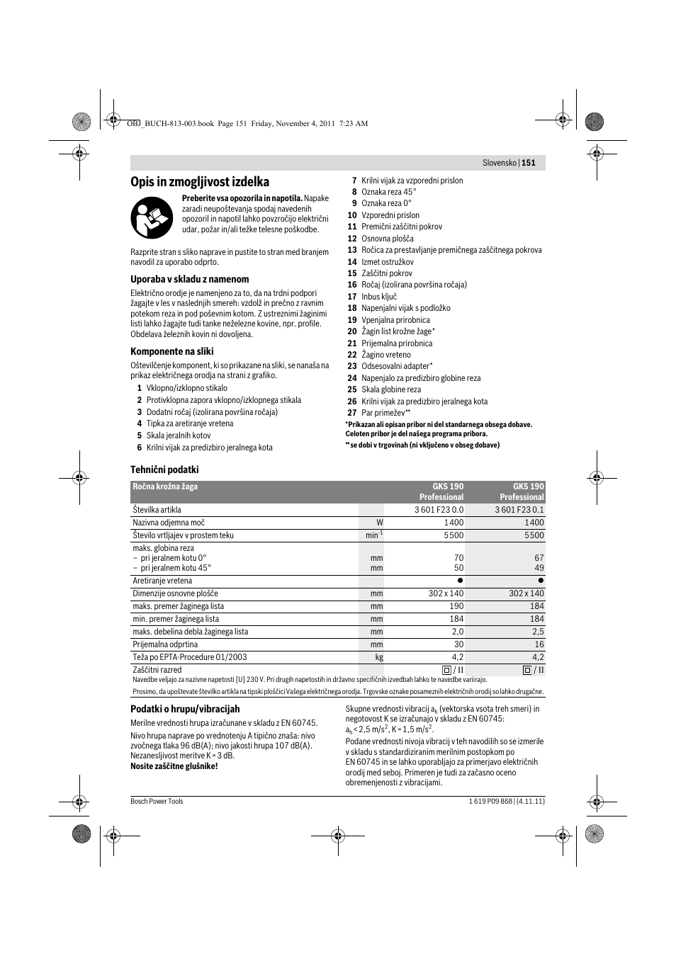 Opis in zmogljivost izdelka | Bosch GKS 190 Professional User Manual | Page 151 / 193