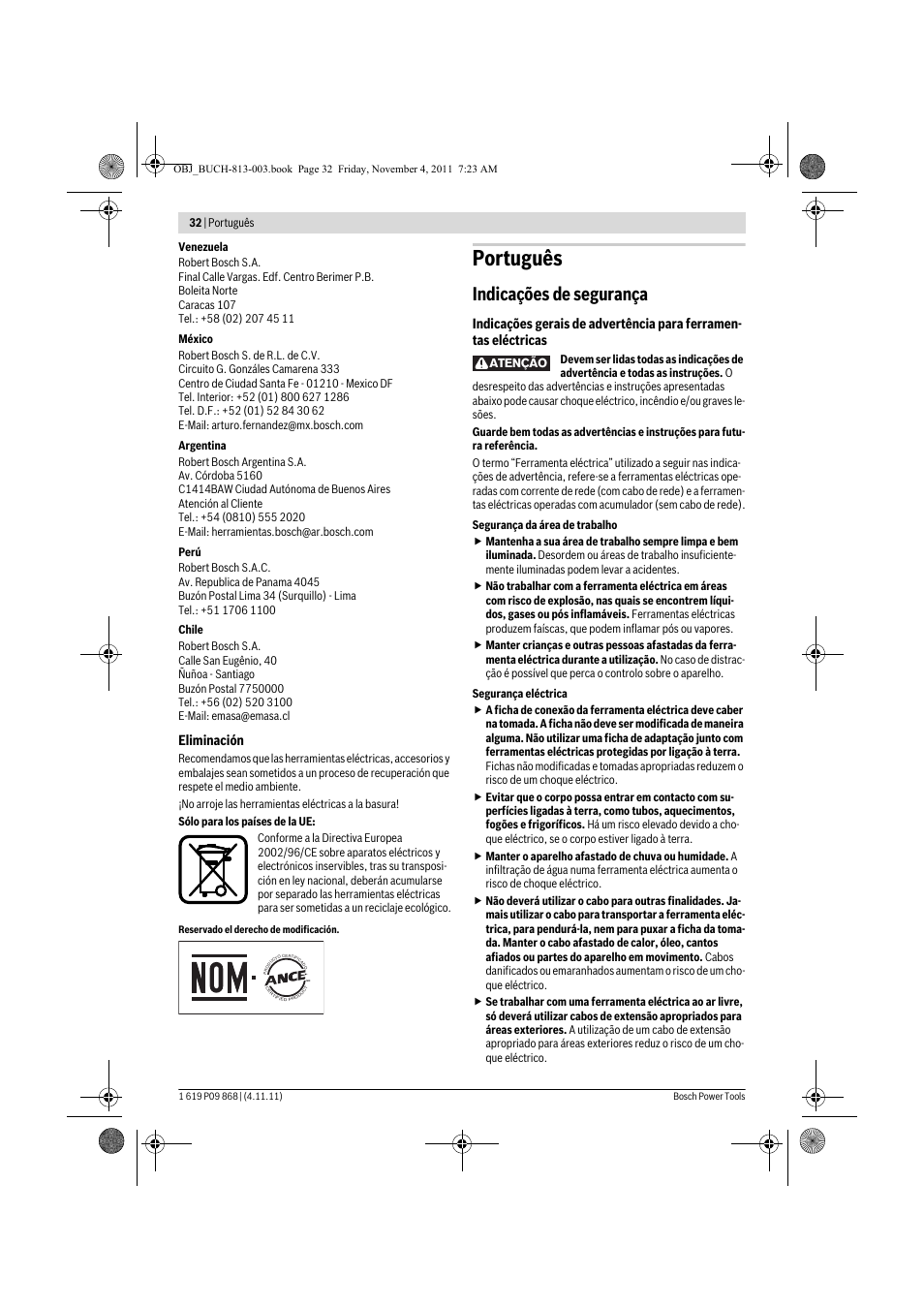 Português, Indicações de segurança | Bosch GKS 190 Professional User Manual | Page 32 / 193