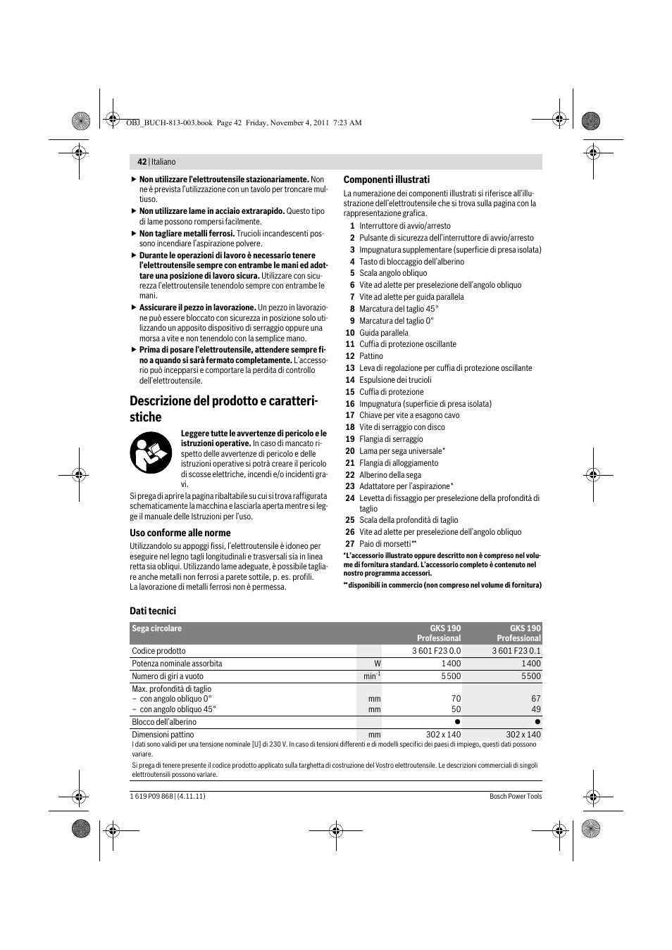 Descrizione del prodotto e caratteri- stiche | Bosch GKS 190 Professional User Manual | Page 42 / 193