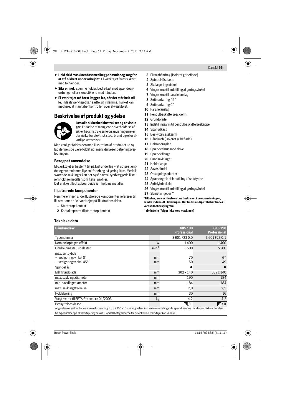 Beskrivelse af produkt og ydelse | Bosch GKS 190 Professional User Manual | Page 55 / 193