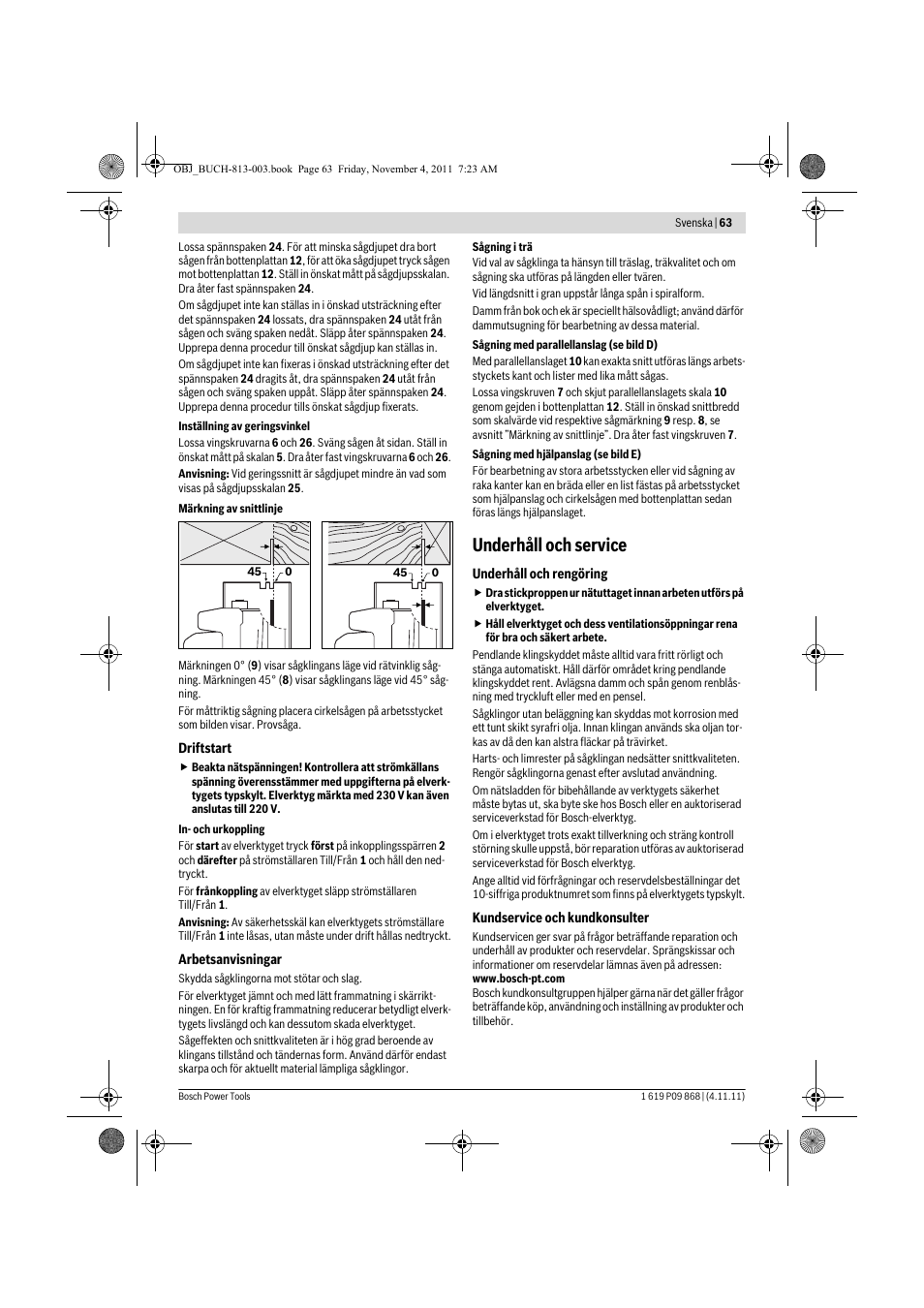 Underhåll och service | Bosch GKS 190 Professional User Manual | Page 63 / 193