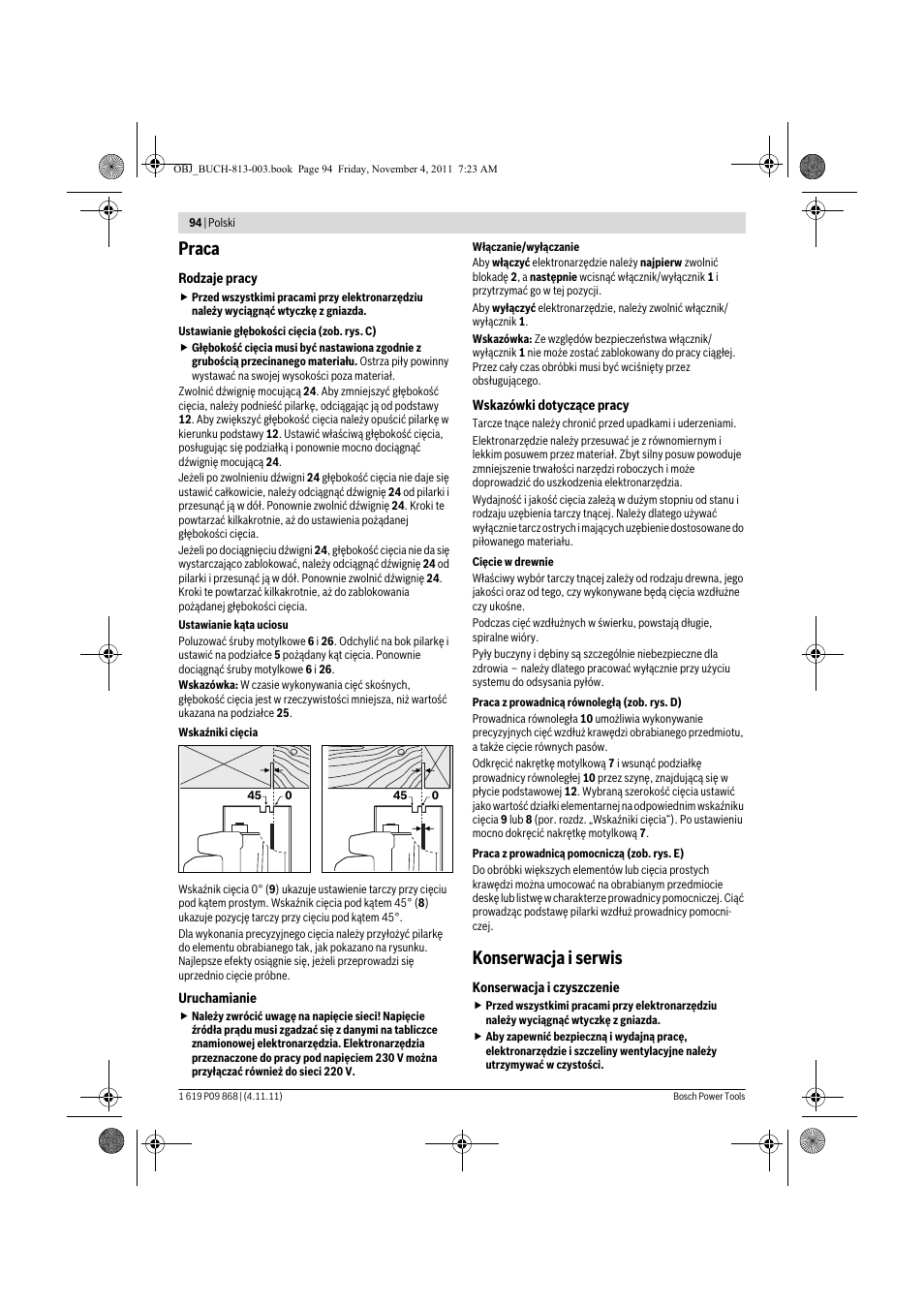 Praca, Konserwacja i serwis | Bosch GKS 190 Professional User Manual | Page 94 / 193