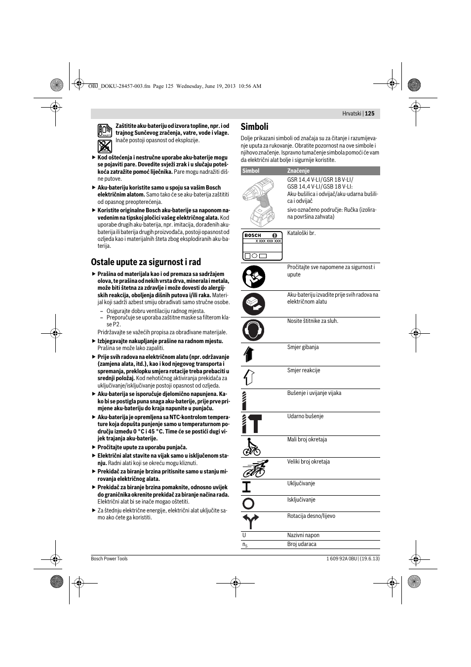 Ostale upute za sigurnost i rad, Simboli | Bosch GSB 14,4 V-LI Professional User Manual | Page 125 / 157