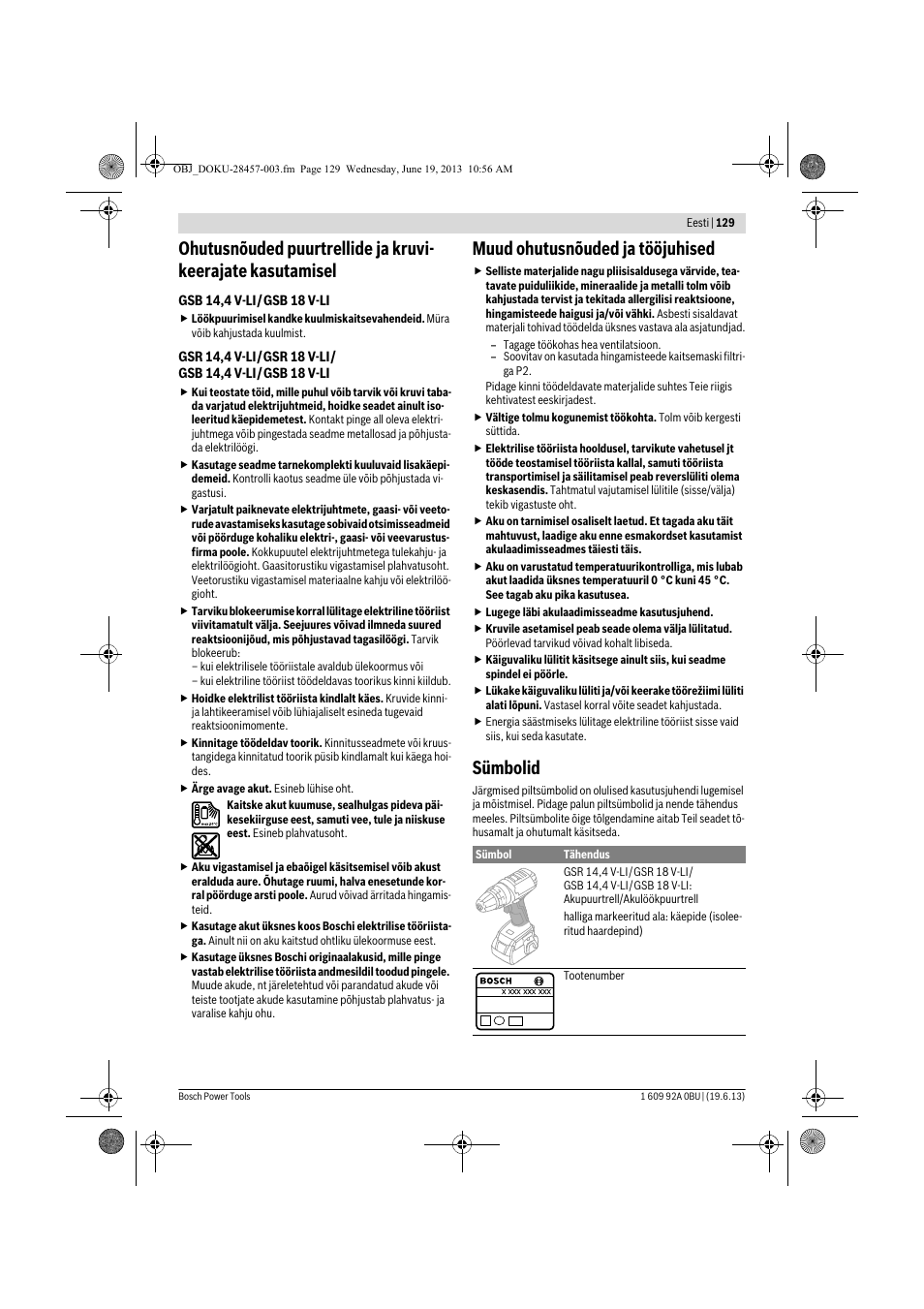 Muud ohutusnõuded ja tööjuhised, Sümbolid | Bosch GSB 14,4 V-LI Professional User Manual | Page 129 / 157