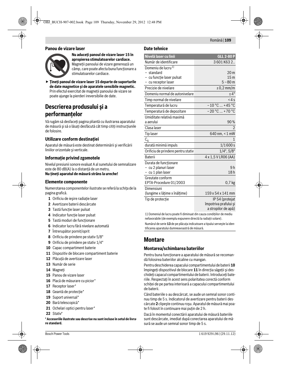Descrierea produsului şi a performanţelor, Montare | Bosch GLL 2-80 P Professional User Manual | Page 109 / 193