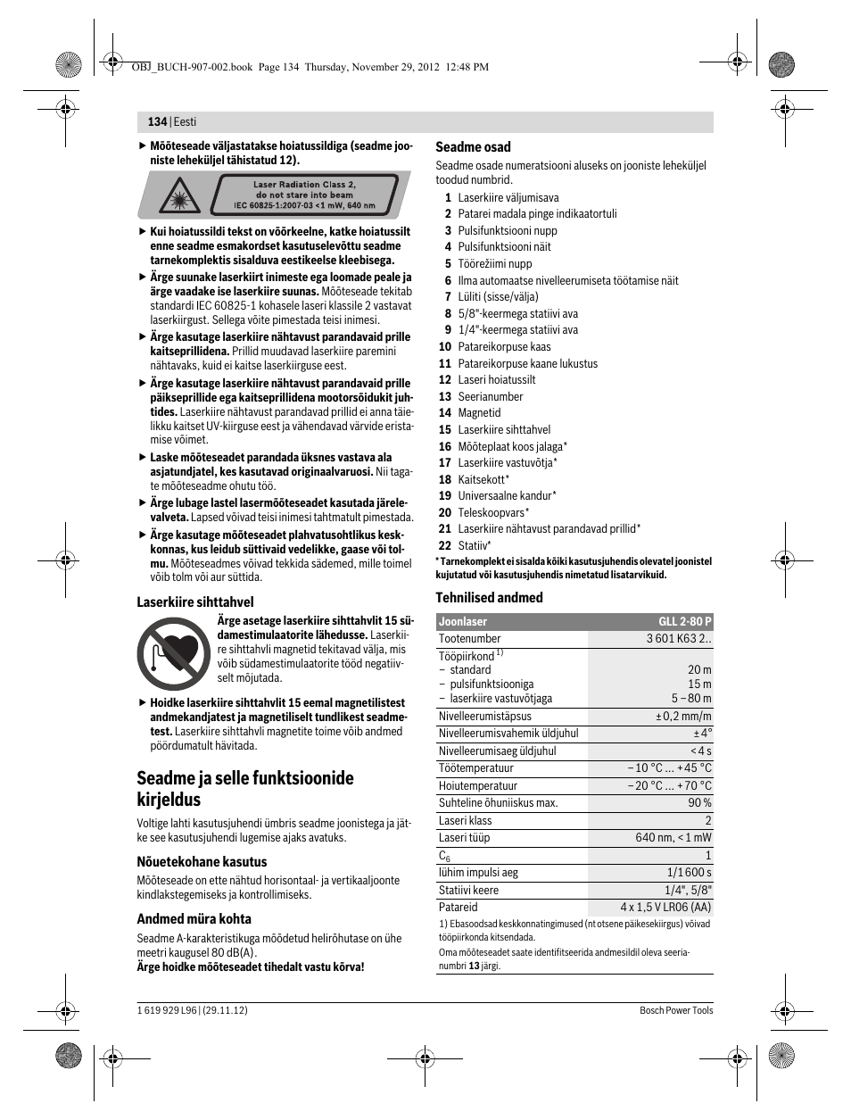 Seadme ja selle funktsioonide kirjeldus | Bosch GLL 2-80 P Professional User Manual | Page 134 / 193