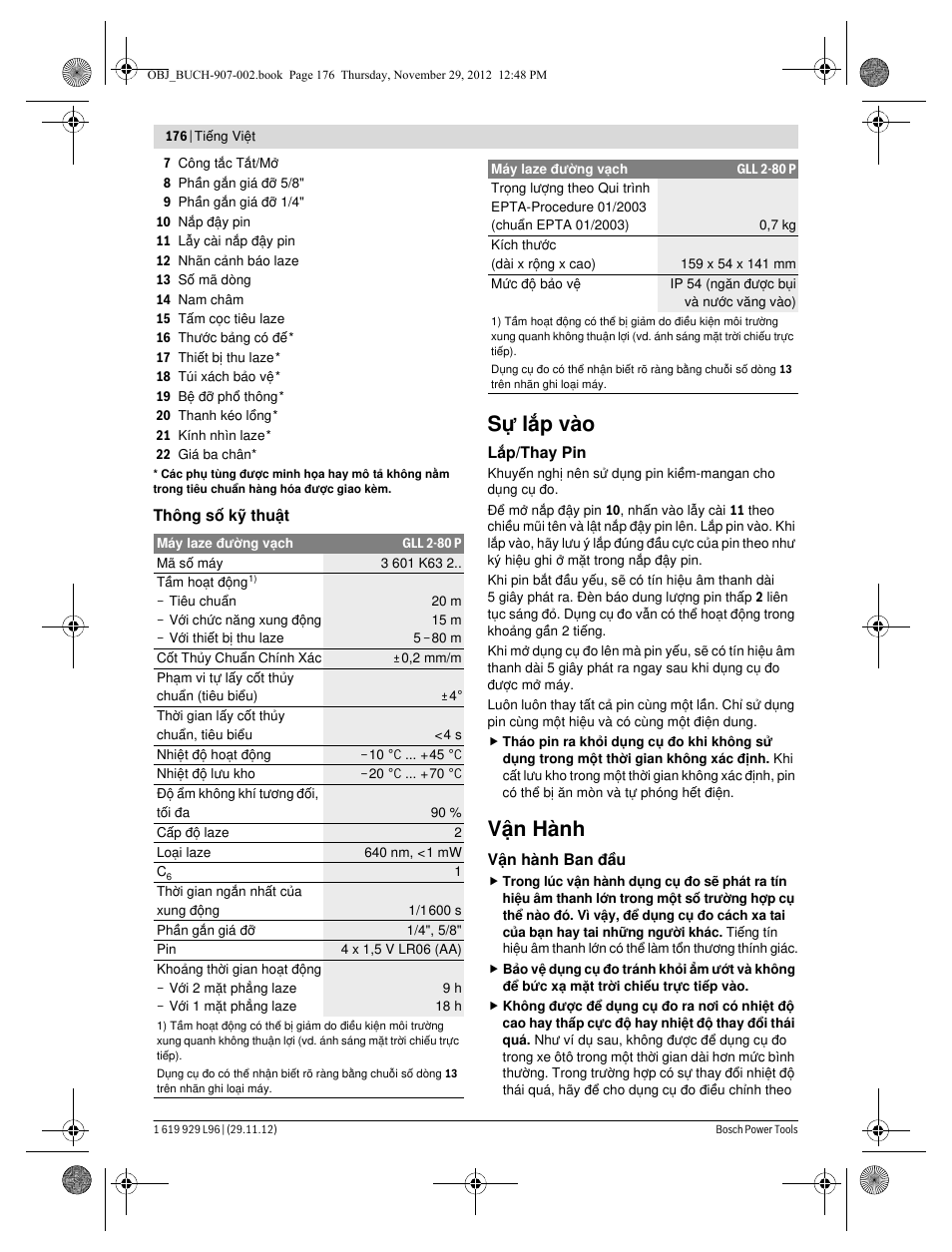 Sự lắp vào, Vận hành | Bosch GLL 2-80 P Professional User Manual | Page 176 / 193