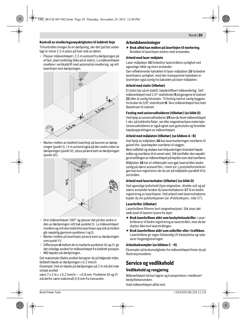 Service og vedlikehold | Bosch GLL 2-80 P Professional User Manual | Page 59 / 193
