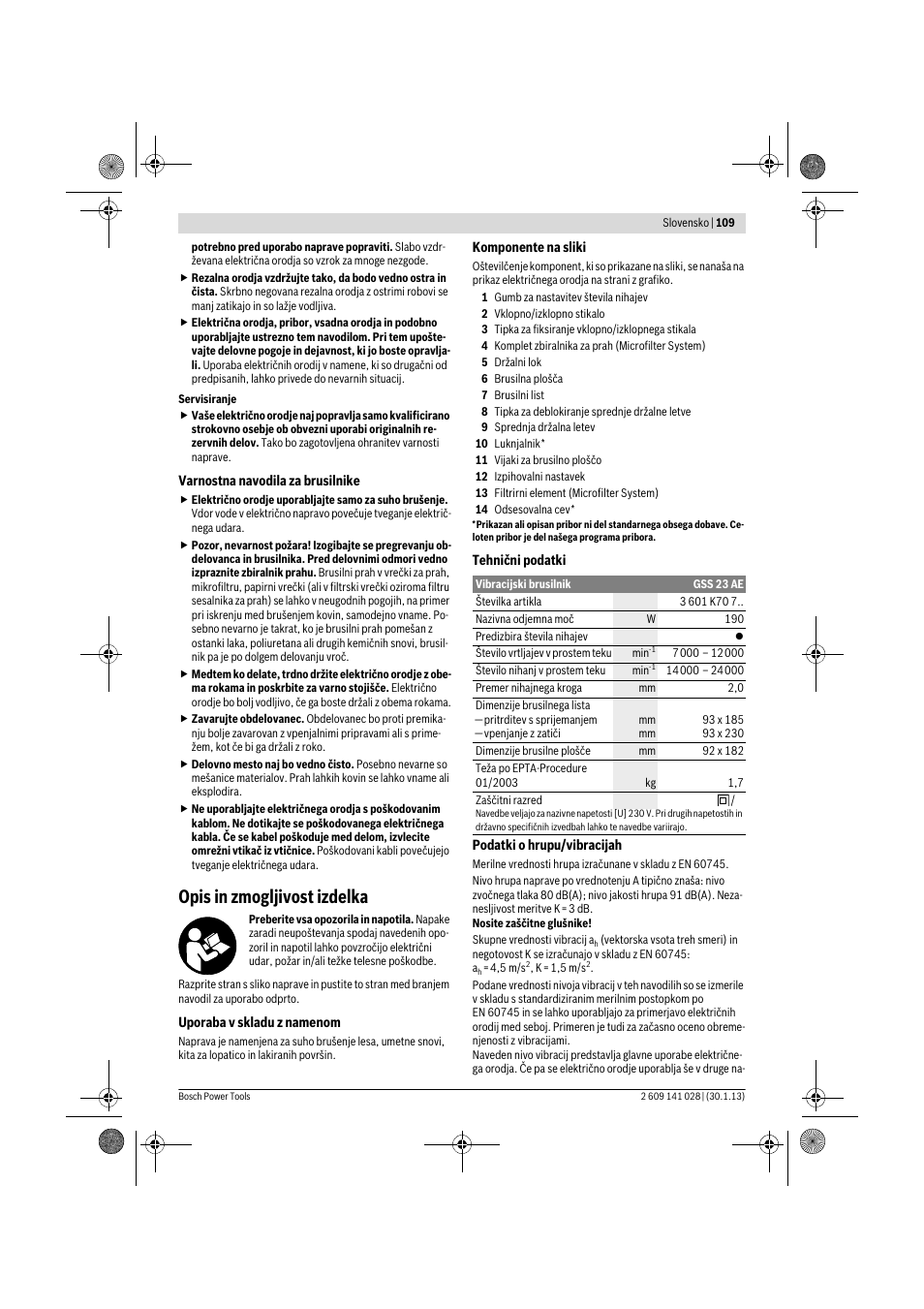 Opis in zmogljivost izdelka | Bosch GSS 23 AE Professional User Manual | Page 109 / 130