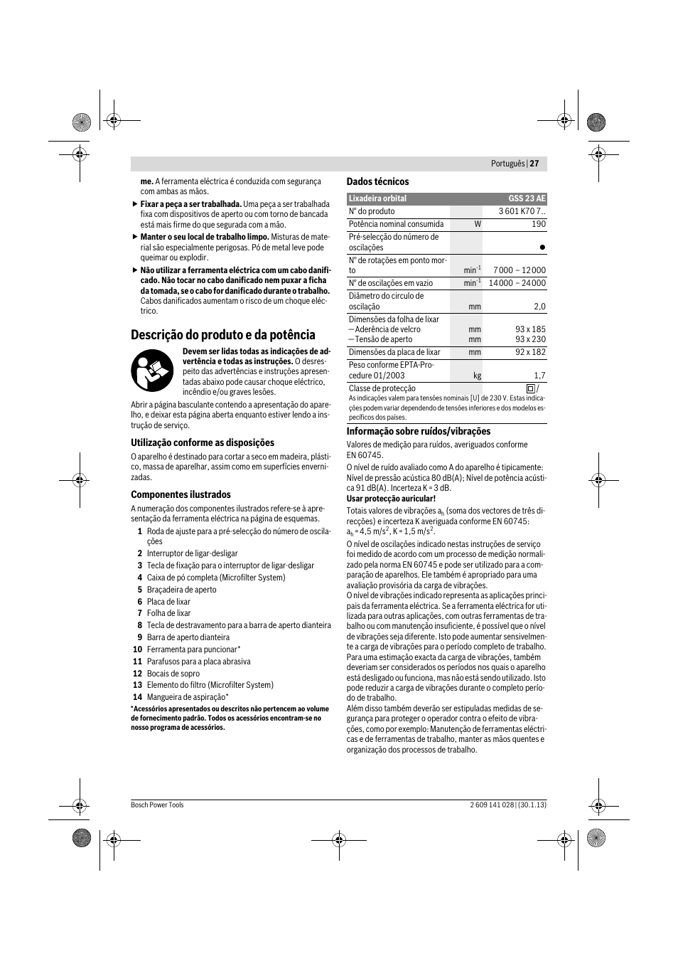 Descrição do produto e da potência | Bosch GSS 23 AE Professional User Manual | Page 27 / 130