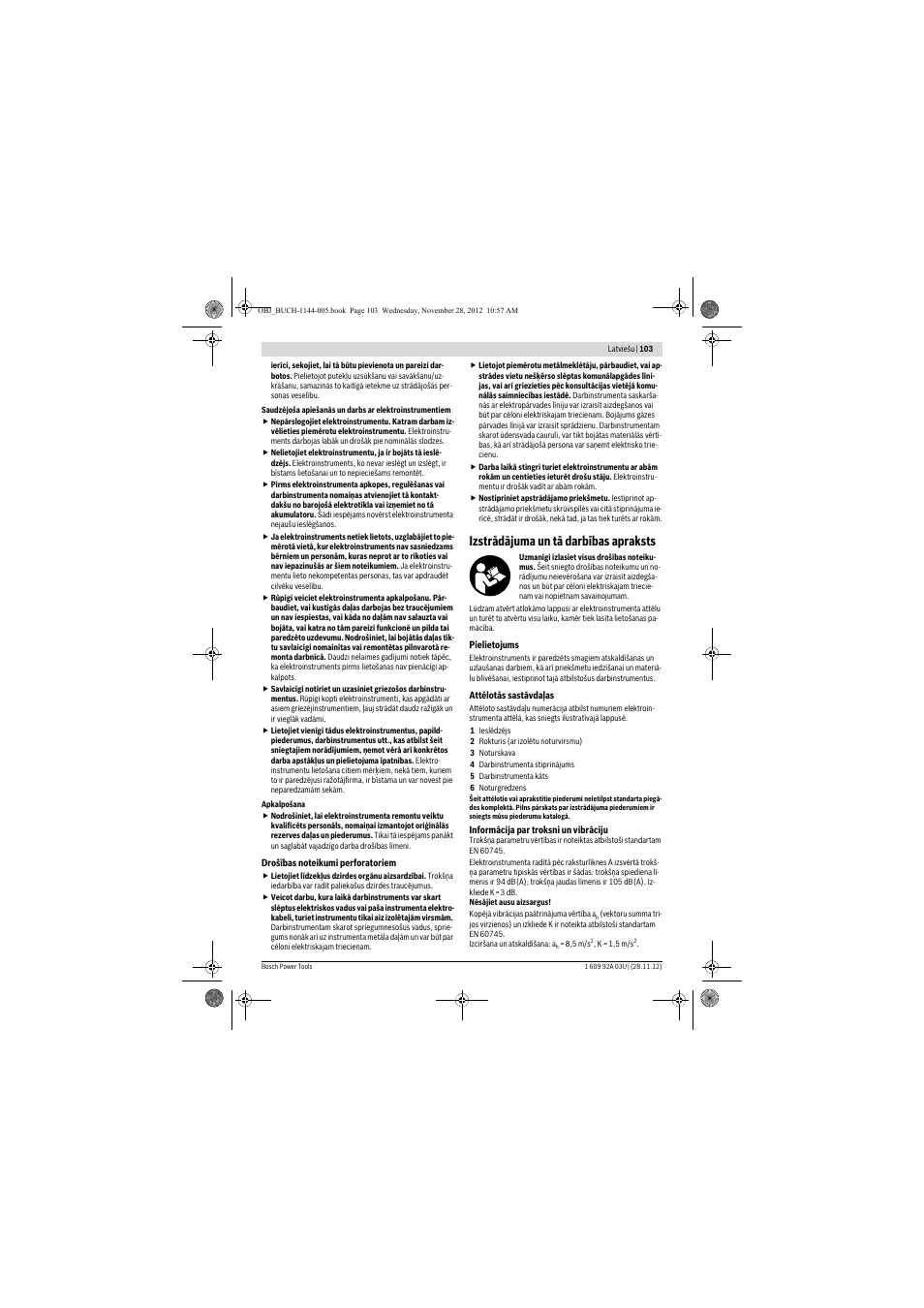 Izstrādājuma un tā darbības apraksts | Bosch GSH 27 VC Professional User Manual | Page 103 / 119