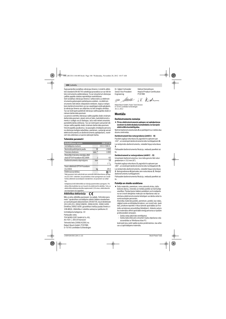 Montāža | Bosch GSH 27 VC Professional User Manual | Page 104 / 119