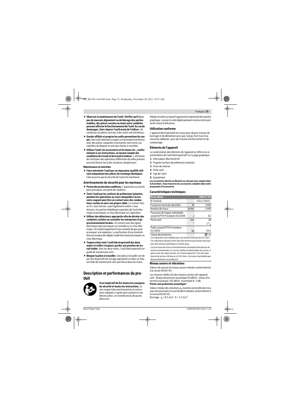 Description et performances du pro- duit | Bosch GSH 27 VC Professional User Manual | Page 15 / 119