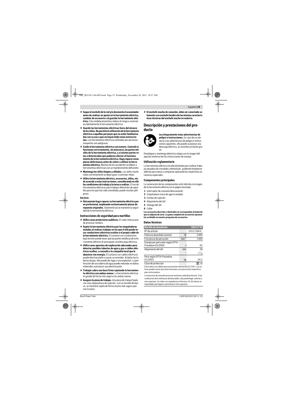 Descripción y prestaciones del pro- ducto | Bosch GSH 27 VC Professional User Manual | Page 19 / 119