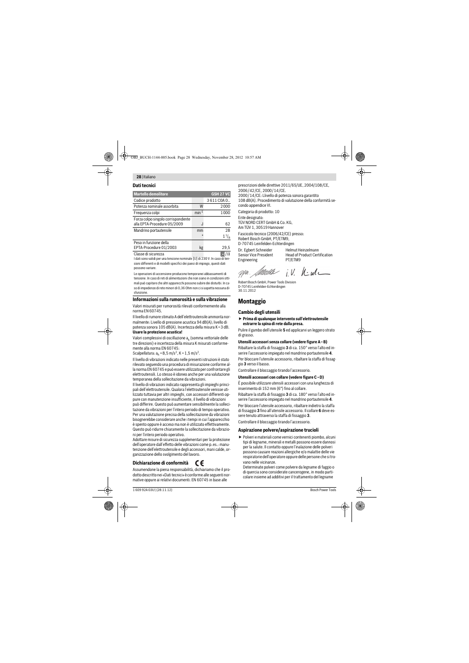 Montaggio | Bosch GSH 27 VC Professional User Manual | Page 28 / 119