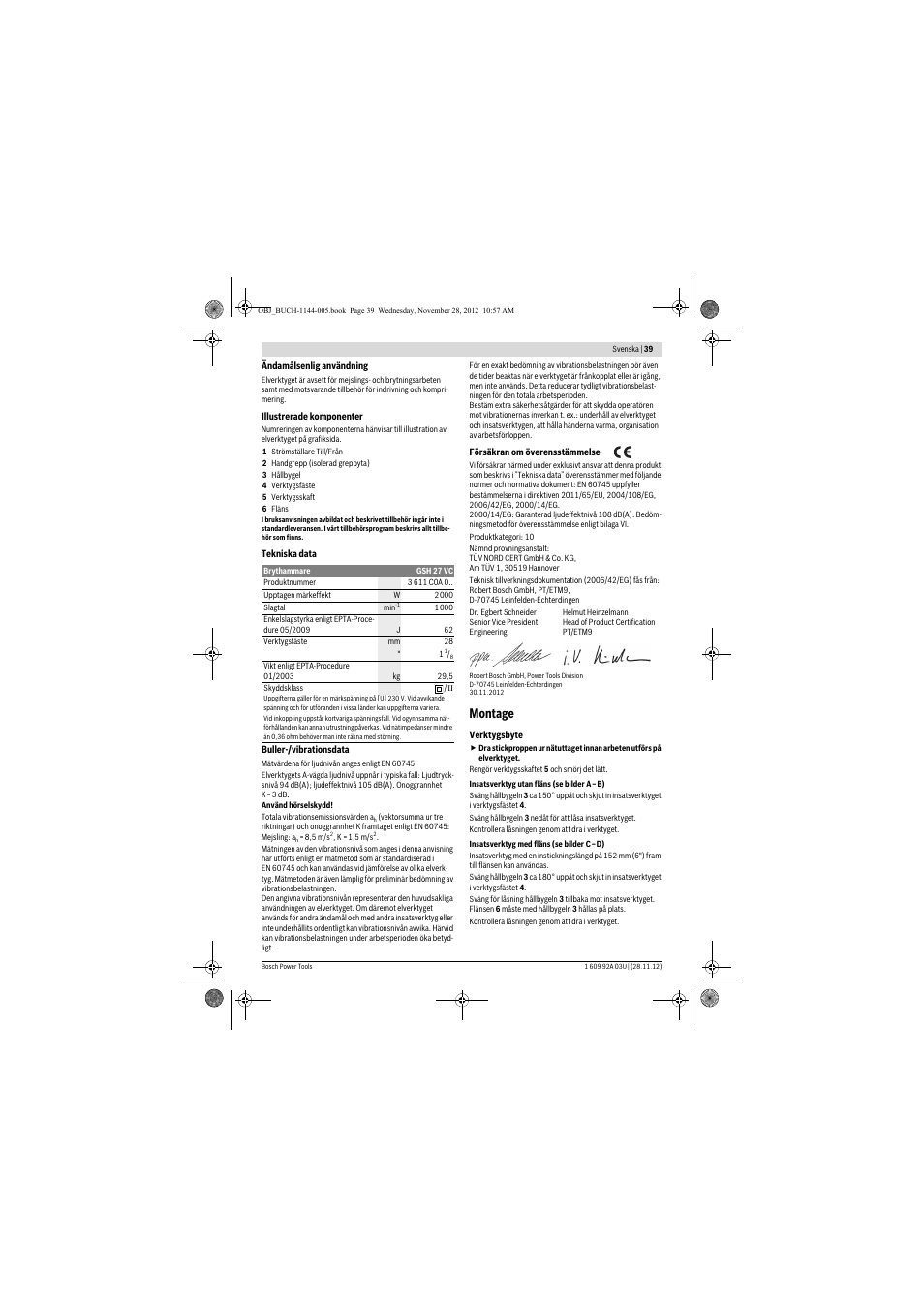 Montage | Bosch GSH 27 VC Professional User Manual | Page 39 / 119