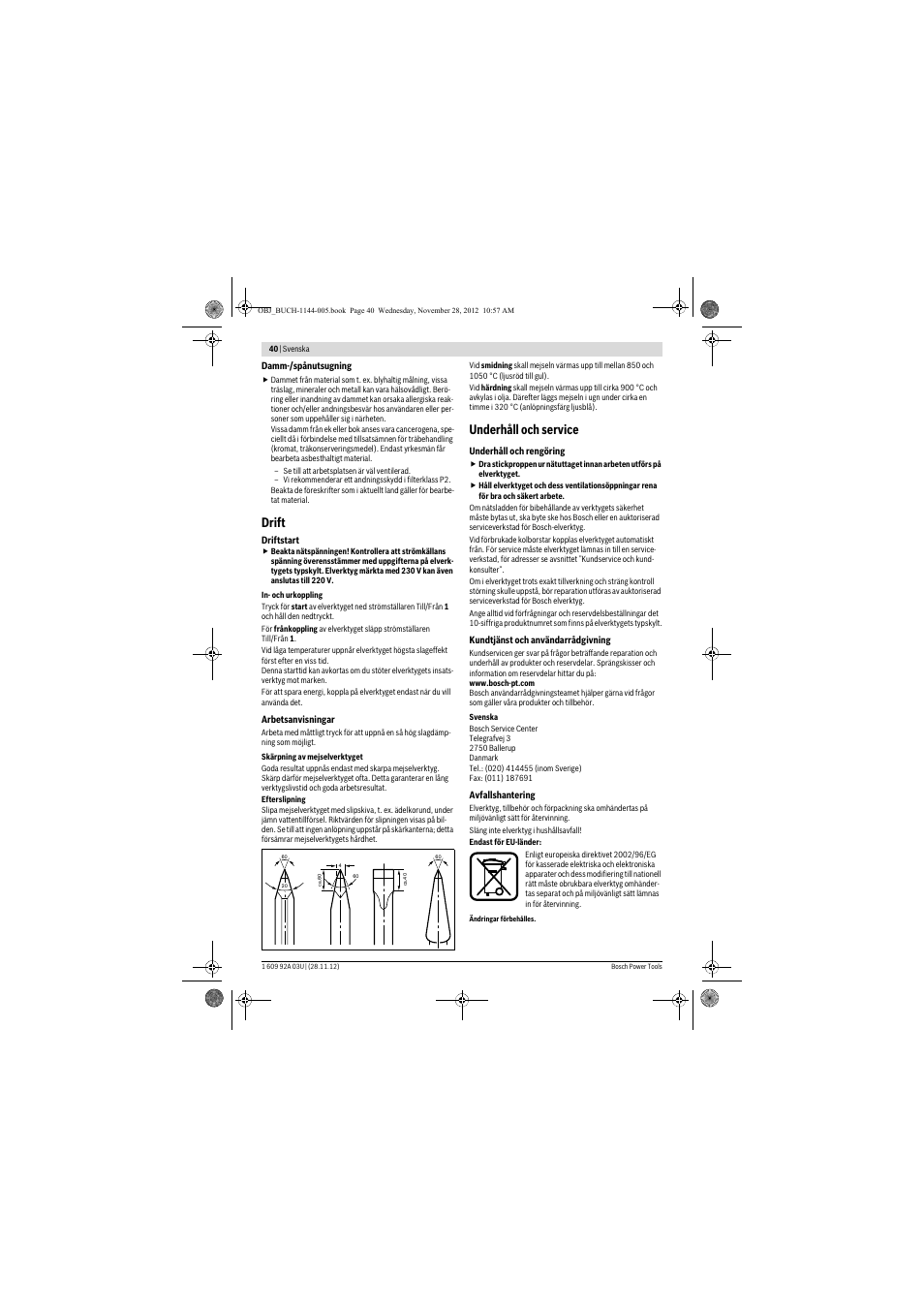 Drift, Underhåll och service | Bosch GSH 27 VC Professional User Manual | Page 40 / 119