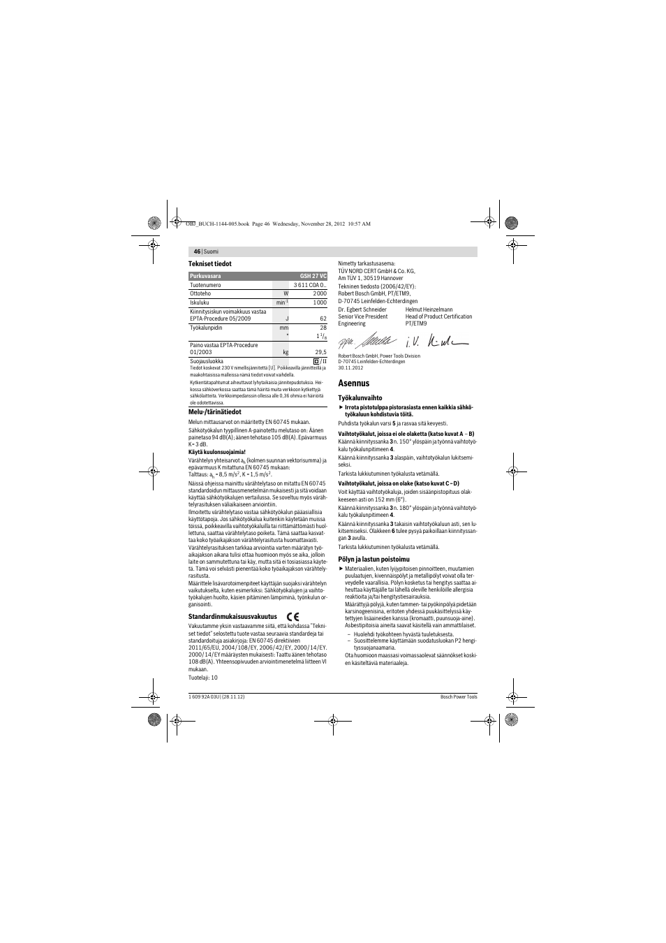 Asennus | Bosch GSH 27 VC Professional User Manual | Page 46 / 119