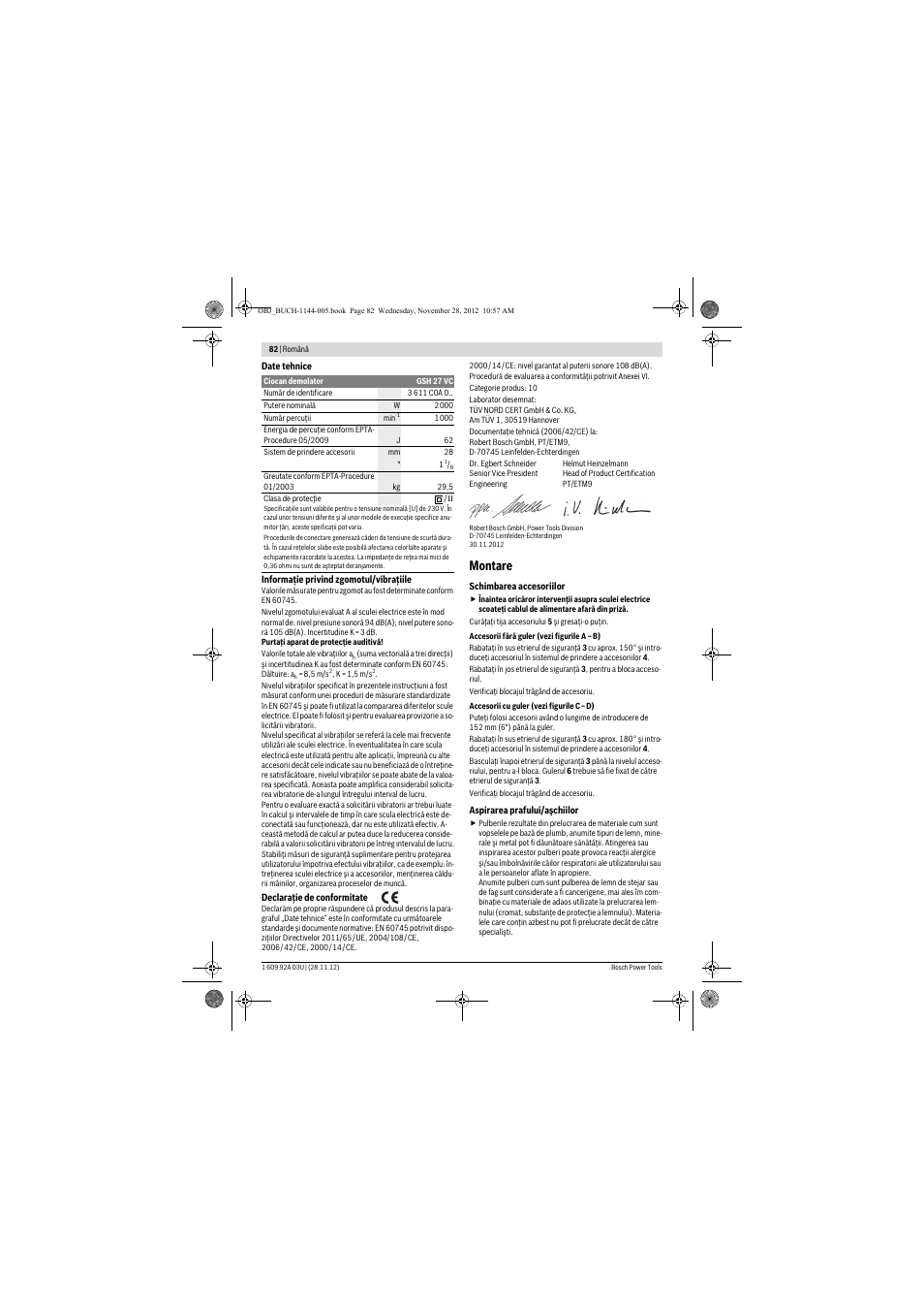 Montare | Bosch GSH 27 VC Professional User Manual | Page 82 / 119