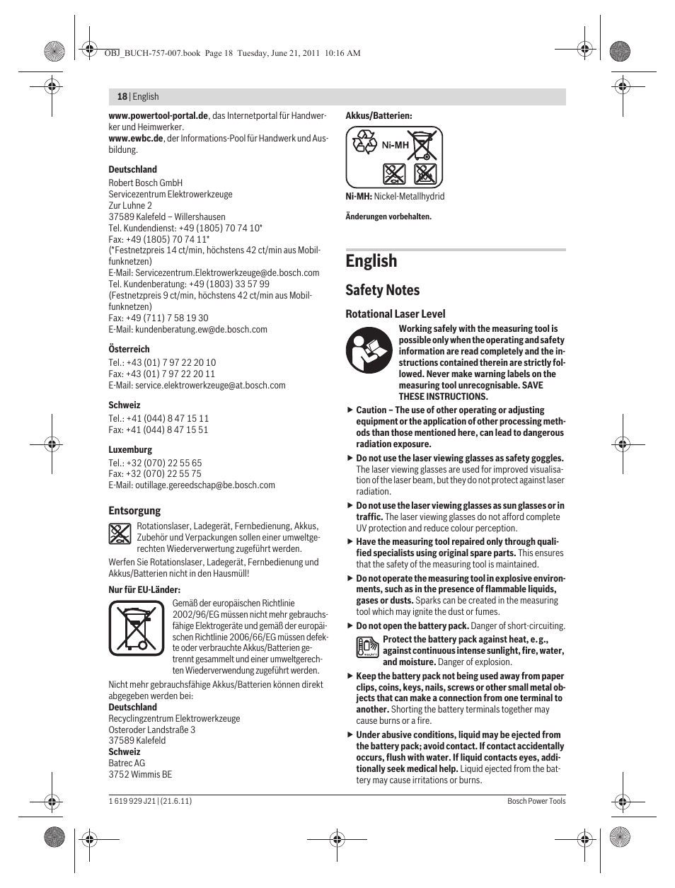 English | Bosch GRL 300 HV Professional User Manual | Page 18 / 309