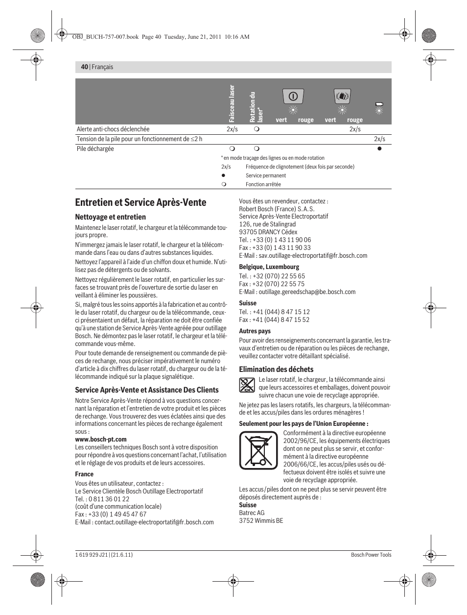 Entretien et service après-vente | Bosch GRL 300 HV Professional User Manual | Page 40 / 309