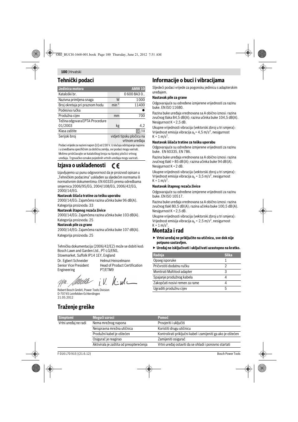 Tehnički podaci izjava o usklađenosti, Informacije o buci i vibracijama, Montaža i rad | Traženje greške | Bosch AMW 10 User Manual | Page 100 / 124