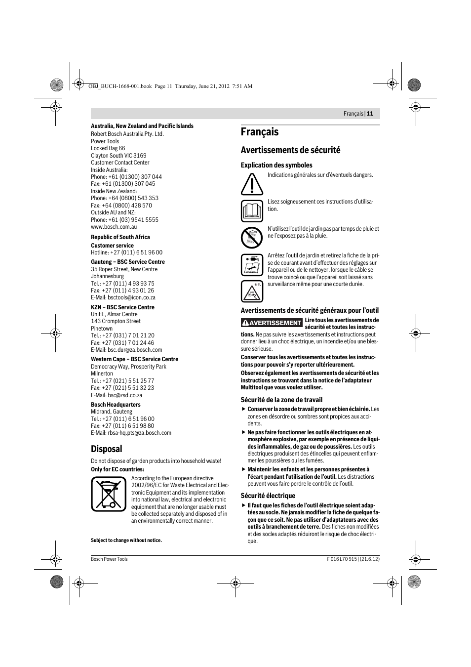 Français, Disposal, Avertissements de sécurité | Bosch AMW 10 User Manual | Page 11 / 124