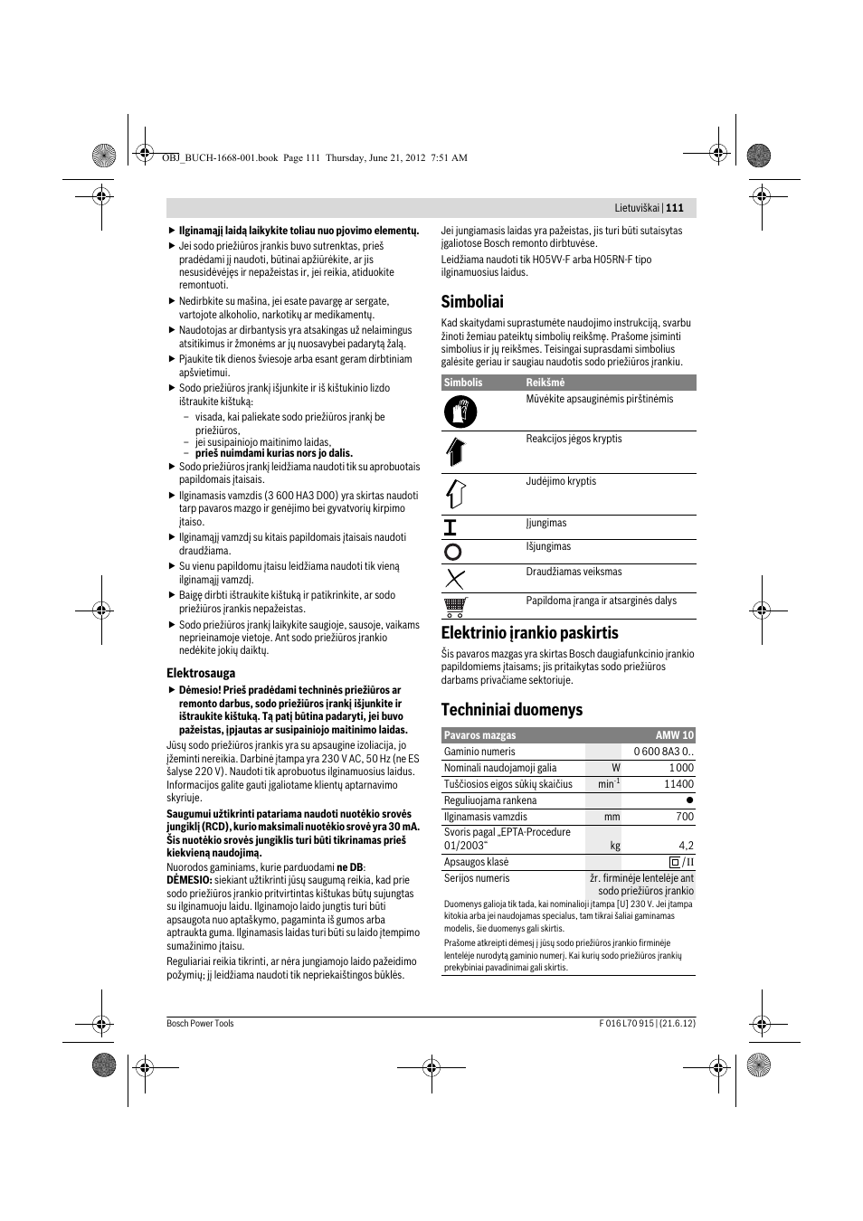 Simboliai, Elektrinio įrankio paskirtis, Techniniai duomenys | Bosch AMW 10 User Manual | Page 111 / 124