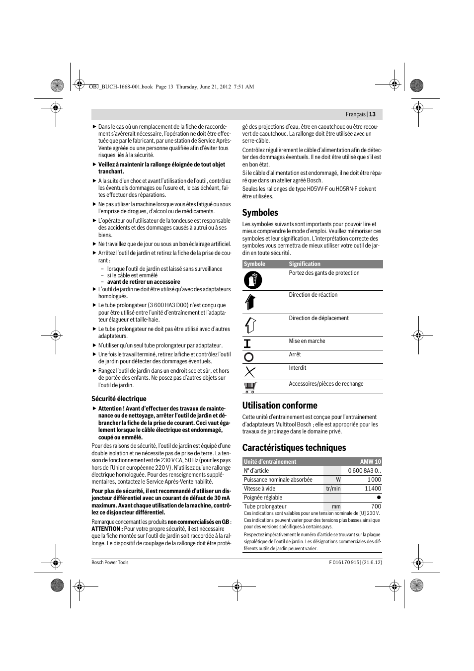 Symboles, Utilisation conforme, Caractéristiques techniques | Bosch AMW 10 User Manual | Page 13 / 124