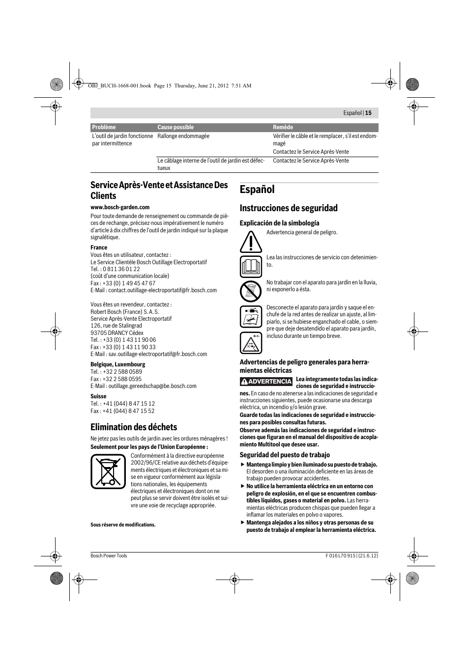Español, Service après-vente et assistance des clients, Elimination des déchets | Instrucciones de seguridad | Bosch AMW 10 User Manual | Page 15 / 124