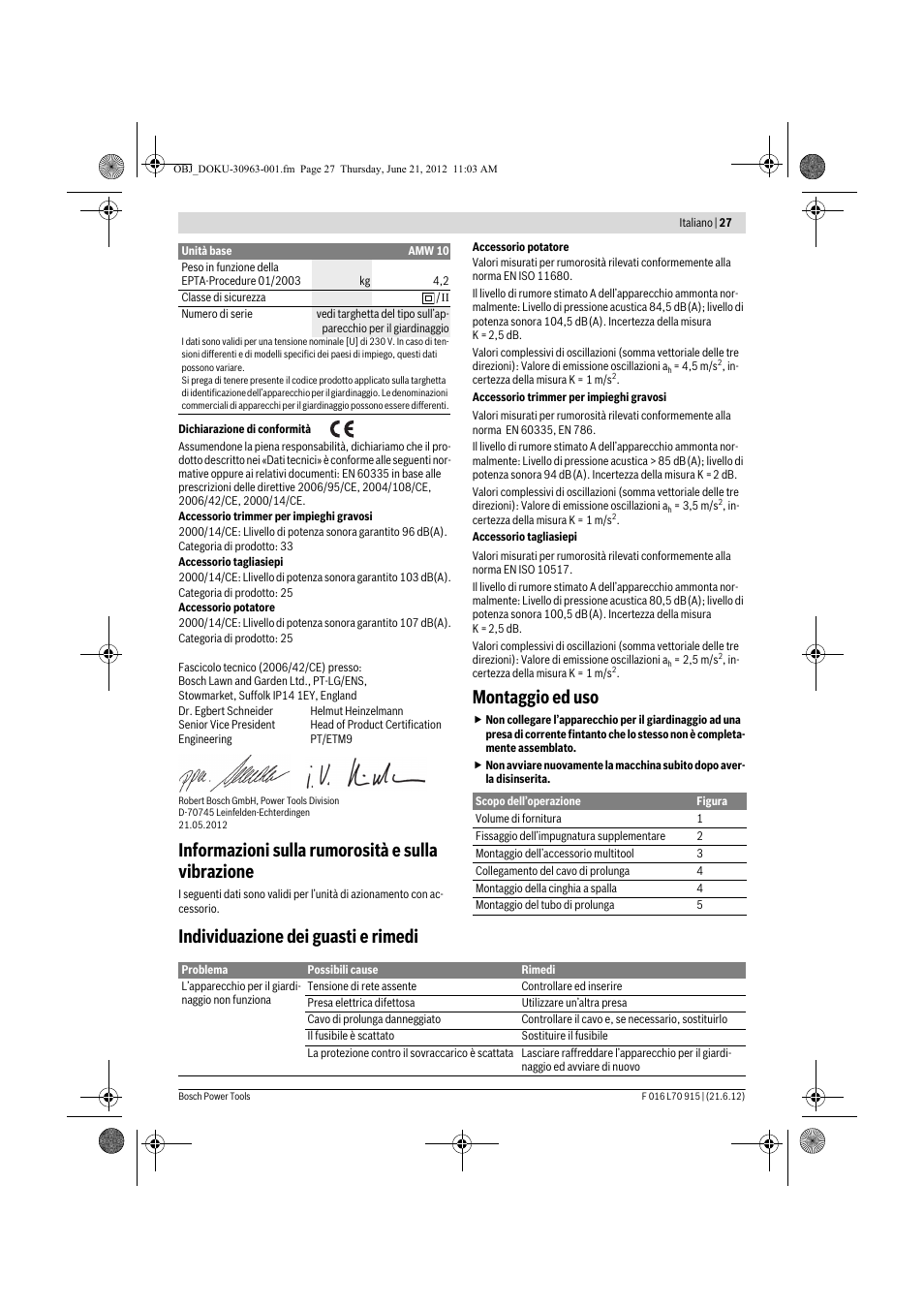 Informazioni sulla rumorosità e sulla vibrazione, Montaggio ed uso, Individuazione dei guasti e rimedi | Bosch AMW 10 User Manual | Page 27 / 124