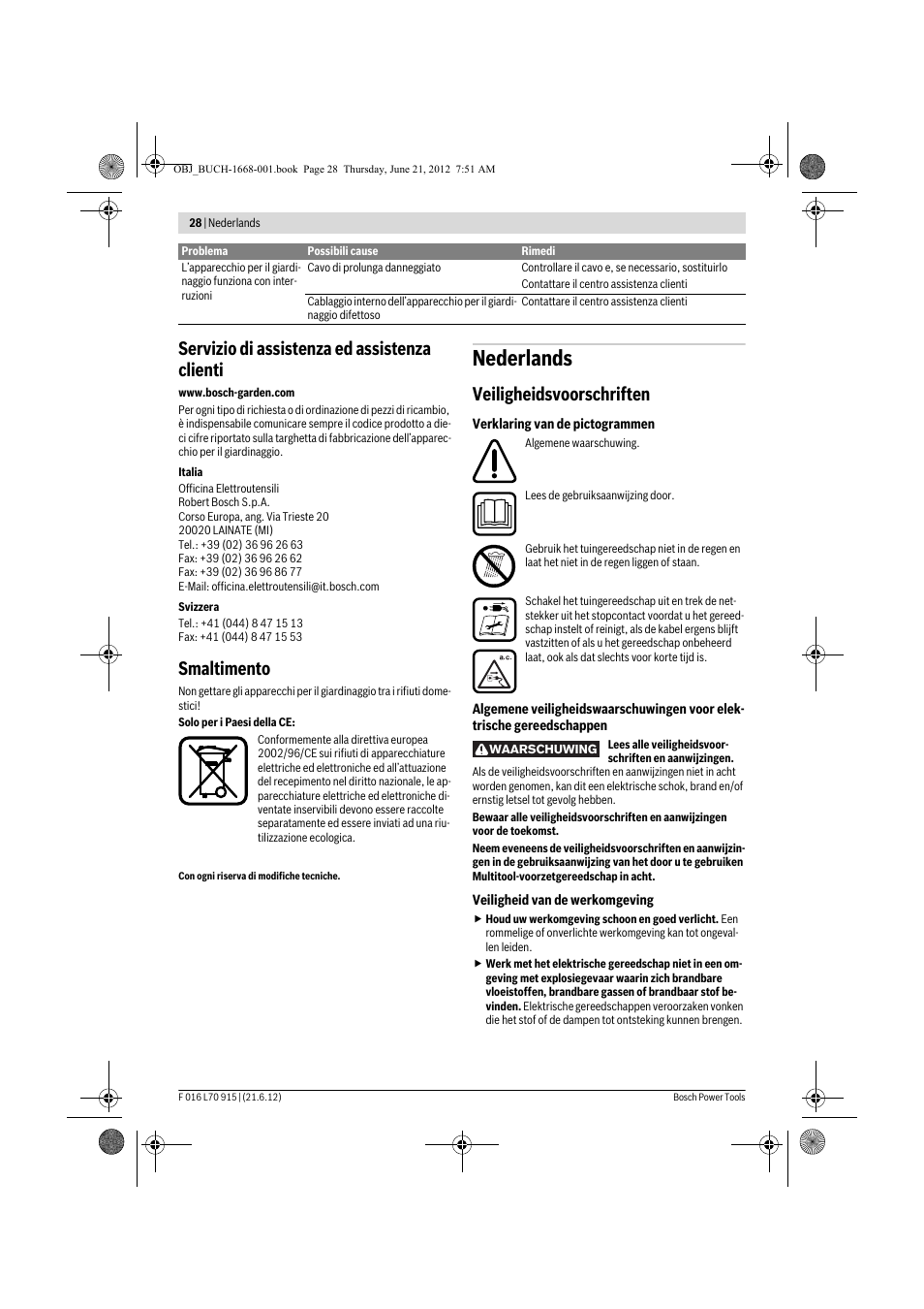 Nederlands, Servizio di assistenza ed assistenza clienti, Smaltimento | Veiligheidsvoorschriften | Bosch AMW 10 User Manual | Page 28 / 124