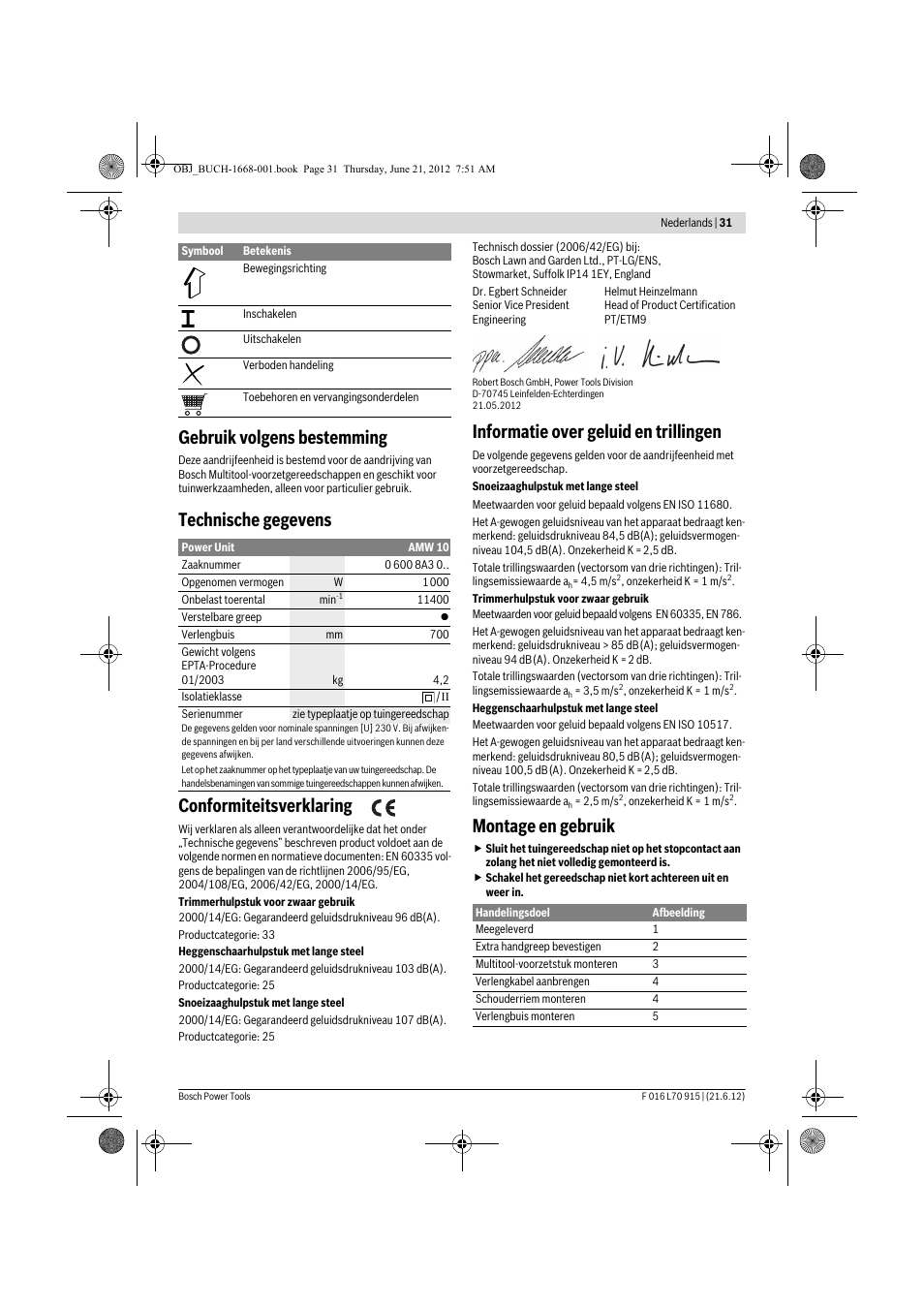 Gebruik volgens bestemming, Technische gegevens conformiteitsverklaring, Informatie over geluid en trillingen | Montage en gebruik | Bosch AMW 10 User Manual | Page 31 / 124