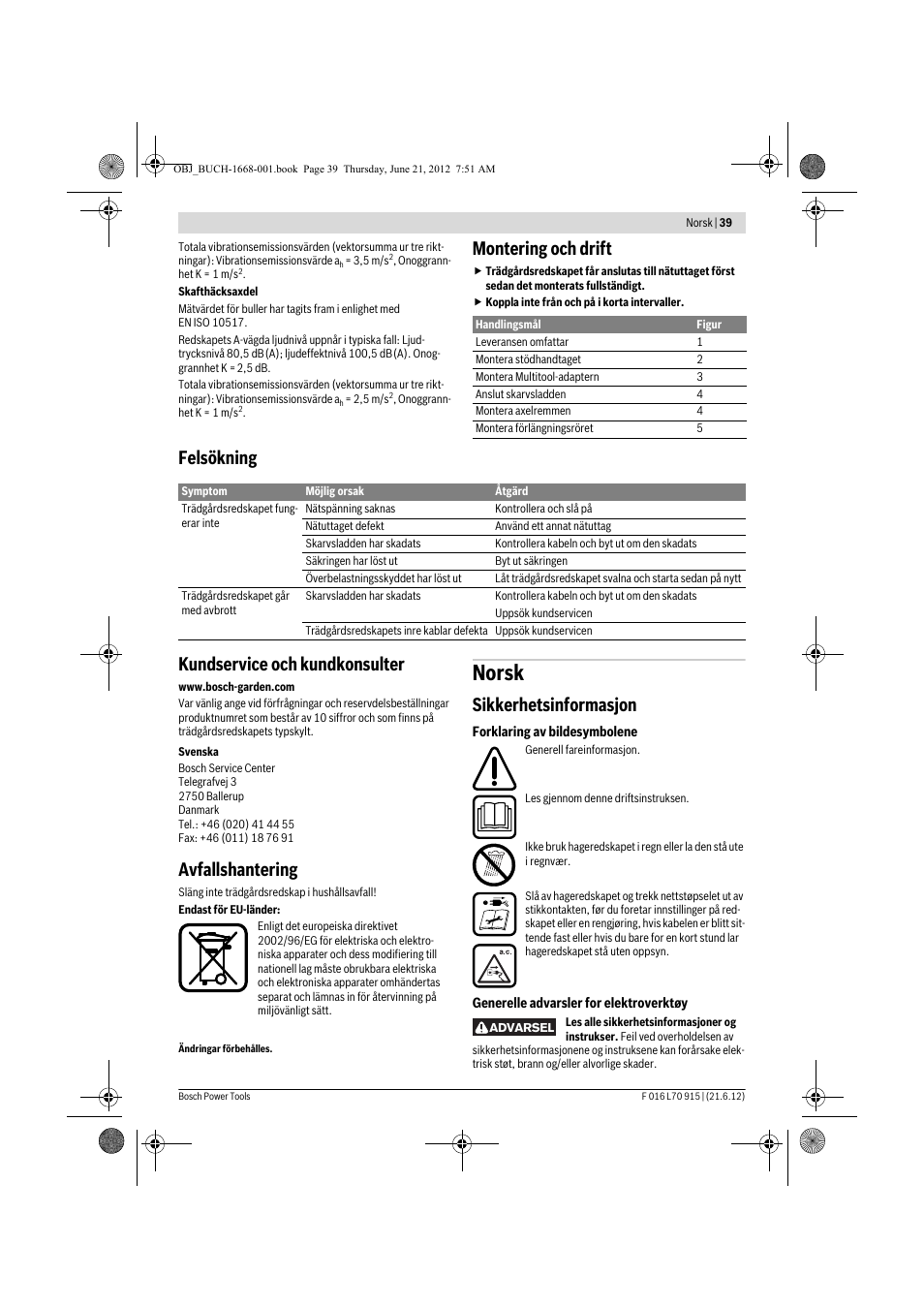 Norsk, Montering och drift, Felsökning kundservice och kundkonsulter | Avfallshantering, Sikkerhetsinformasjon | Bosch AMW 10 User Manual | Page 39 / 124